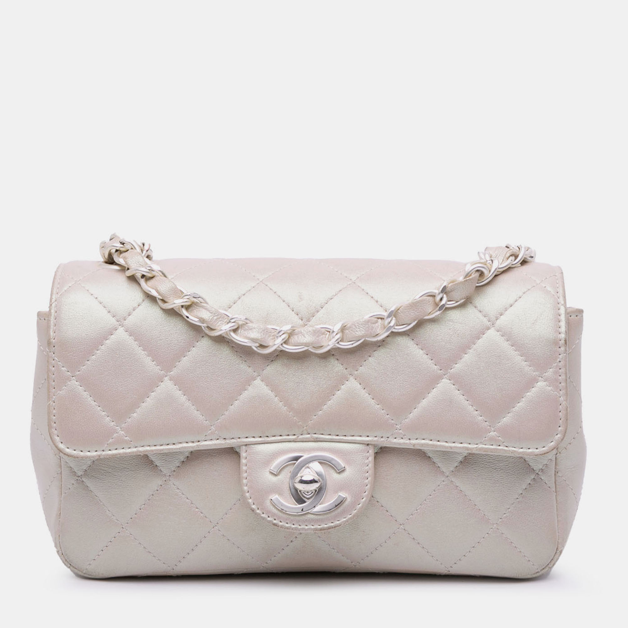 

Chanel White Mini Rectangular Classic Iridescent Lambskin Single Flap