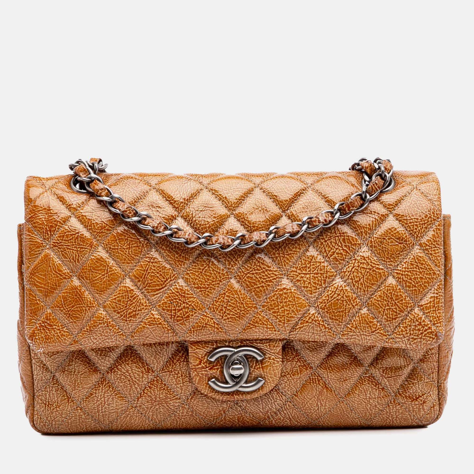 

Chanel Brown Medium Classic Crinkled Patent Double Flap