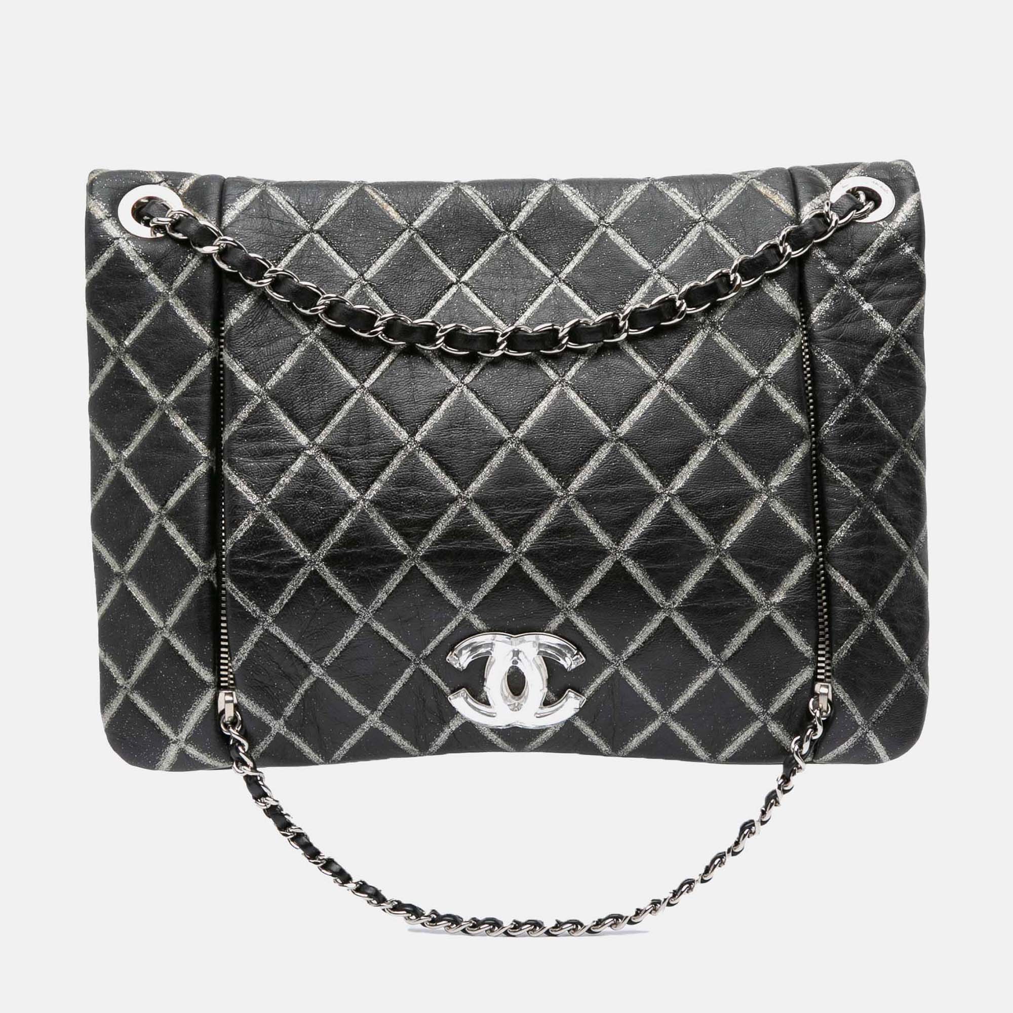 

Chanel Black Quilted Metallic Distressed Lambskin CC Crystal Flap