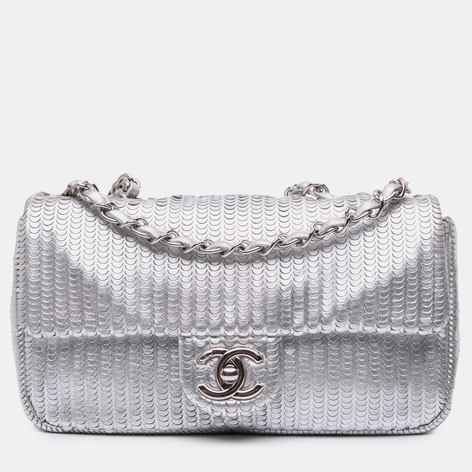

Chanel Silver Small Metallic Lambskin Laser Cut Flap