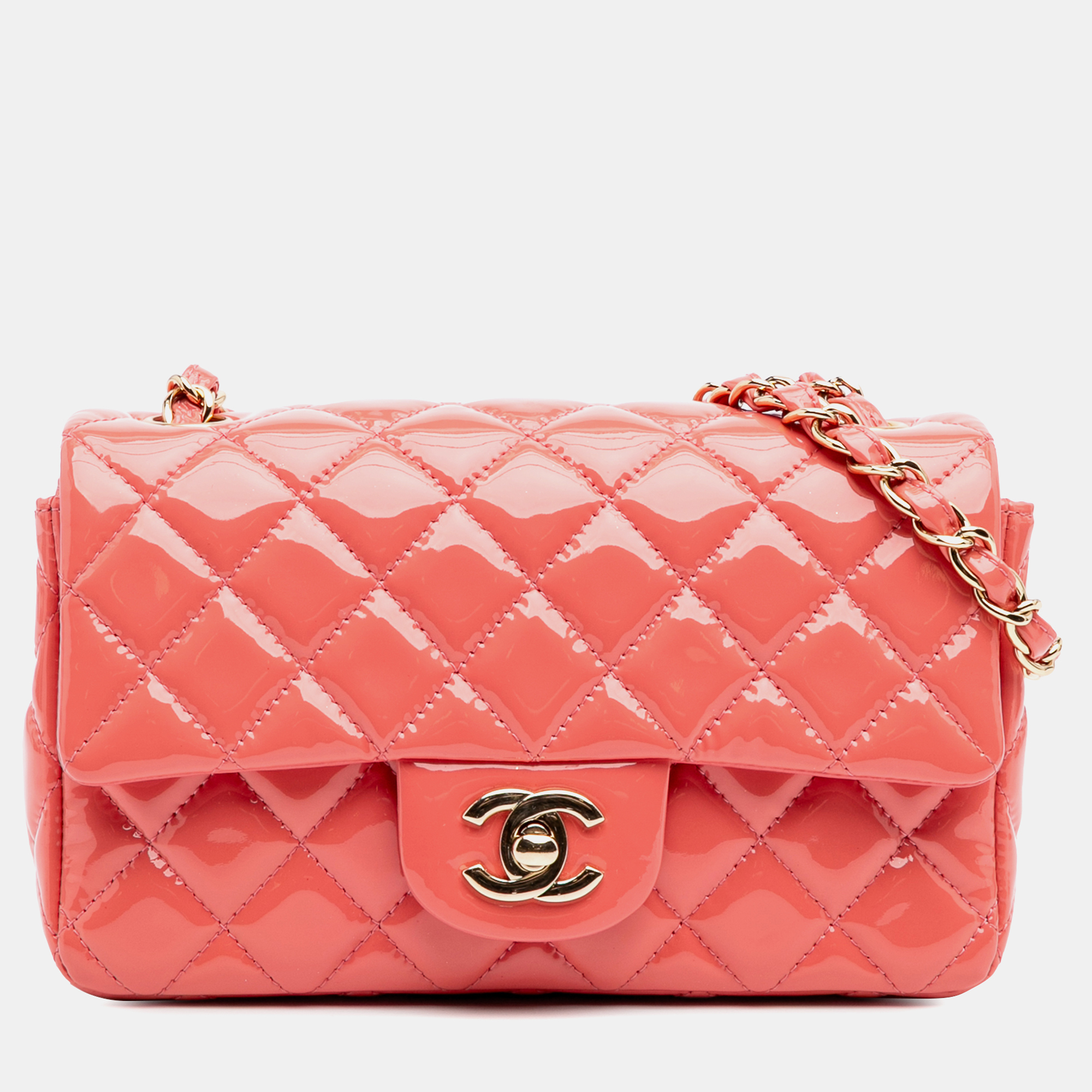 

Chanel Pink Mini Rectangular Classic Patent Single Flap