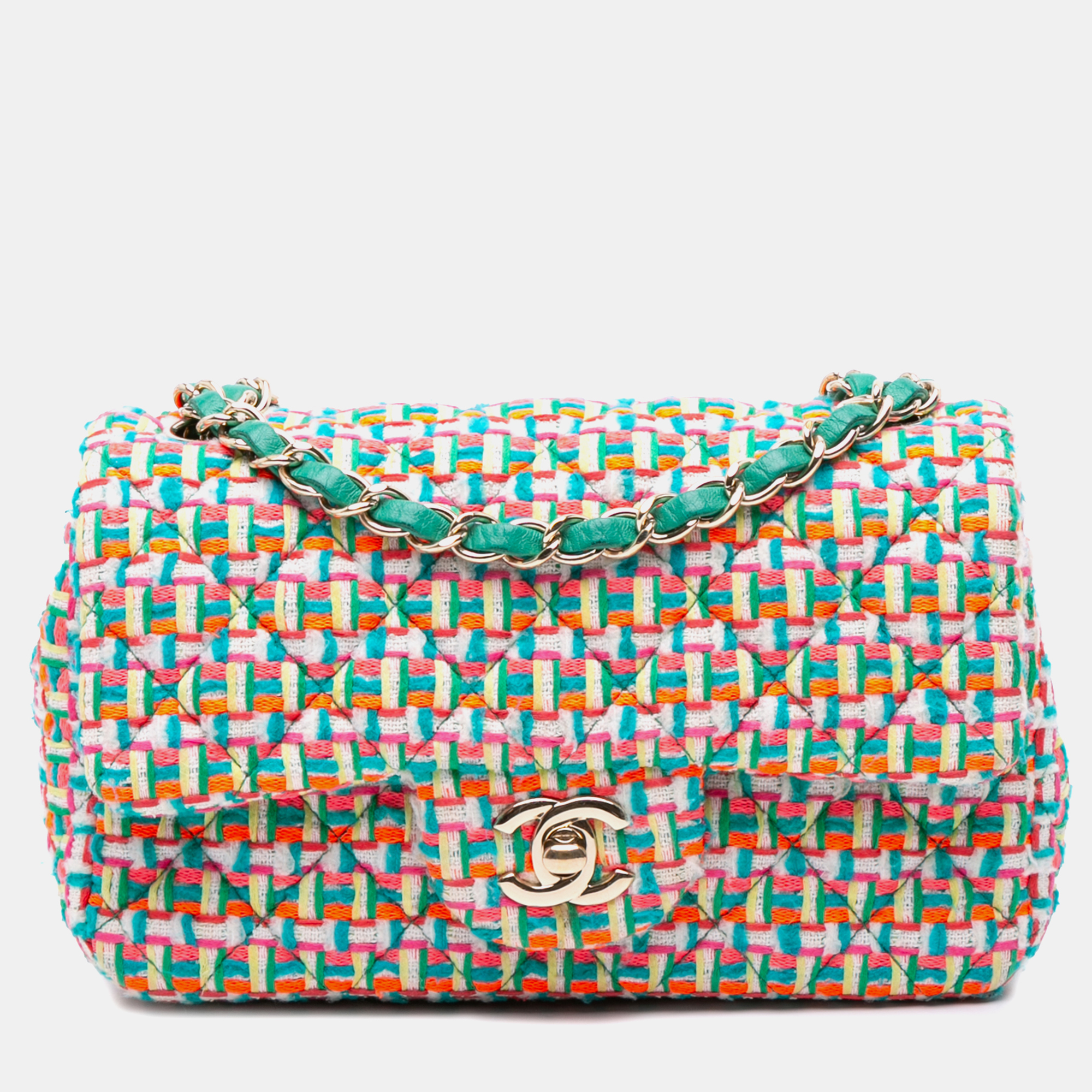 

Chanel Green/Orange Mini Rectangular Classic Tweed Single Flap