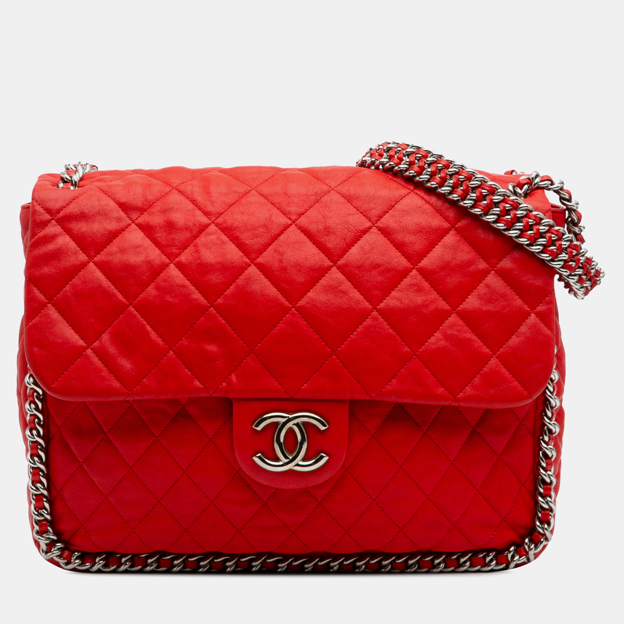 

Chanel Red Maxi Washed Lambskin Chain Around Flap