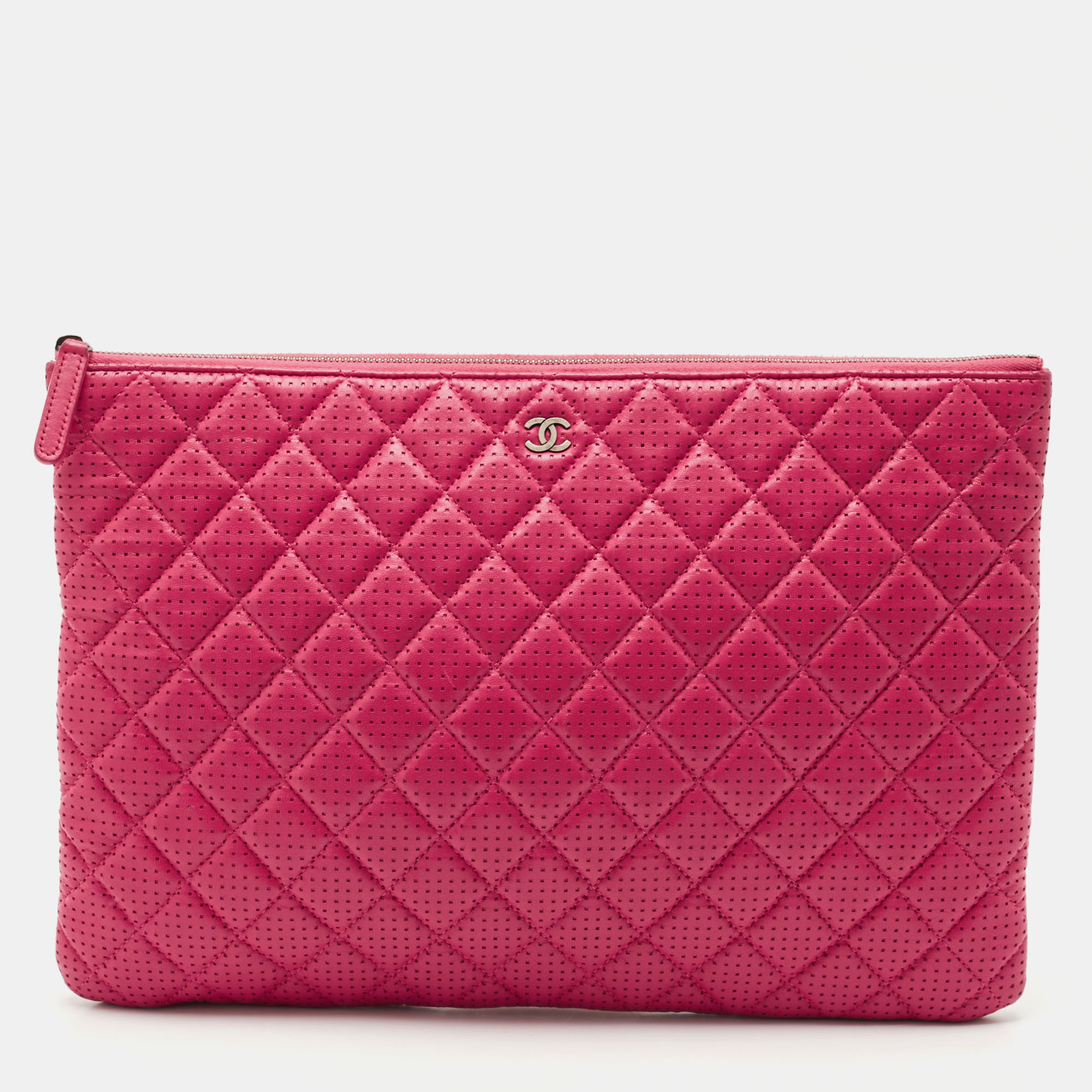 

Chanel Fuchsia Quilted Perforated Leather  O Case Pouch, Pink