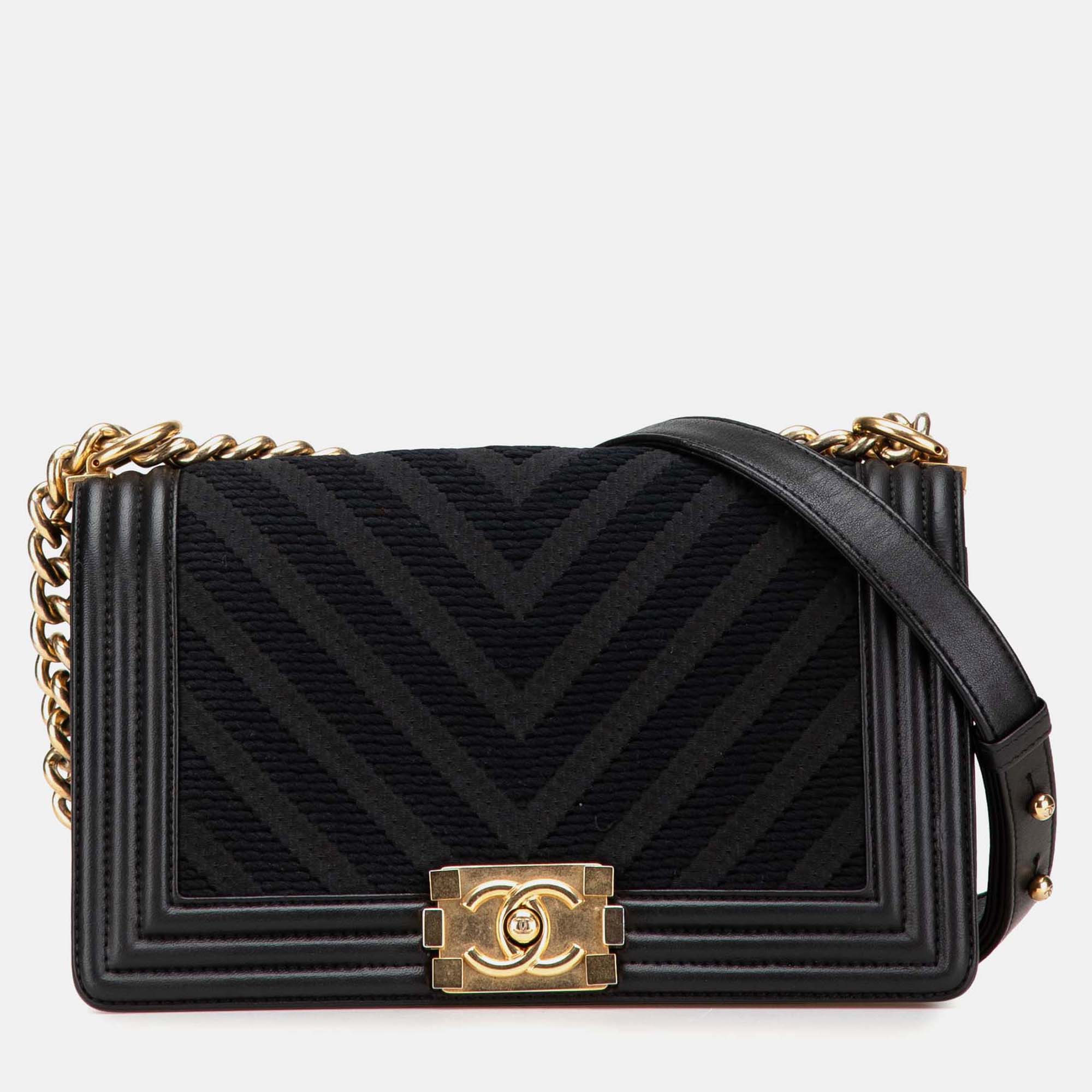 

Chanel Black Old Medium Braided Chevron Cotton and Lambskin Boy Flap