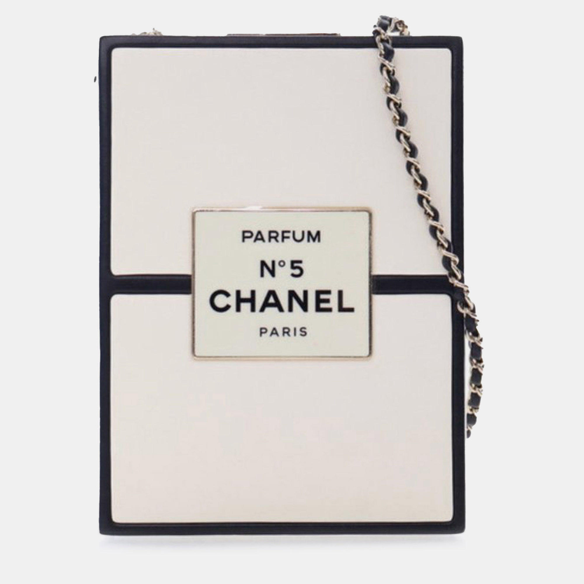 

Chanel Black/White Calfskin Chanel No.5 Perfume Box Evening Clutch