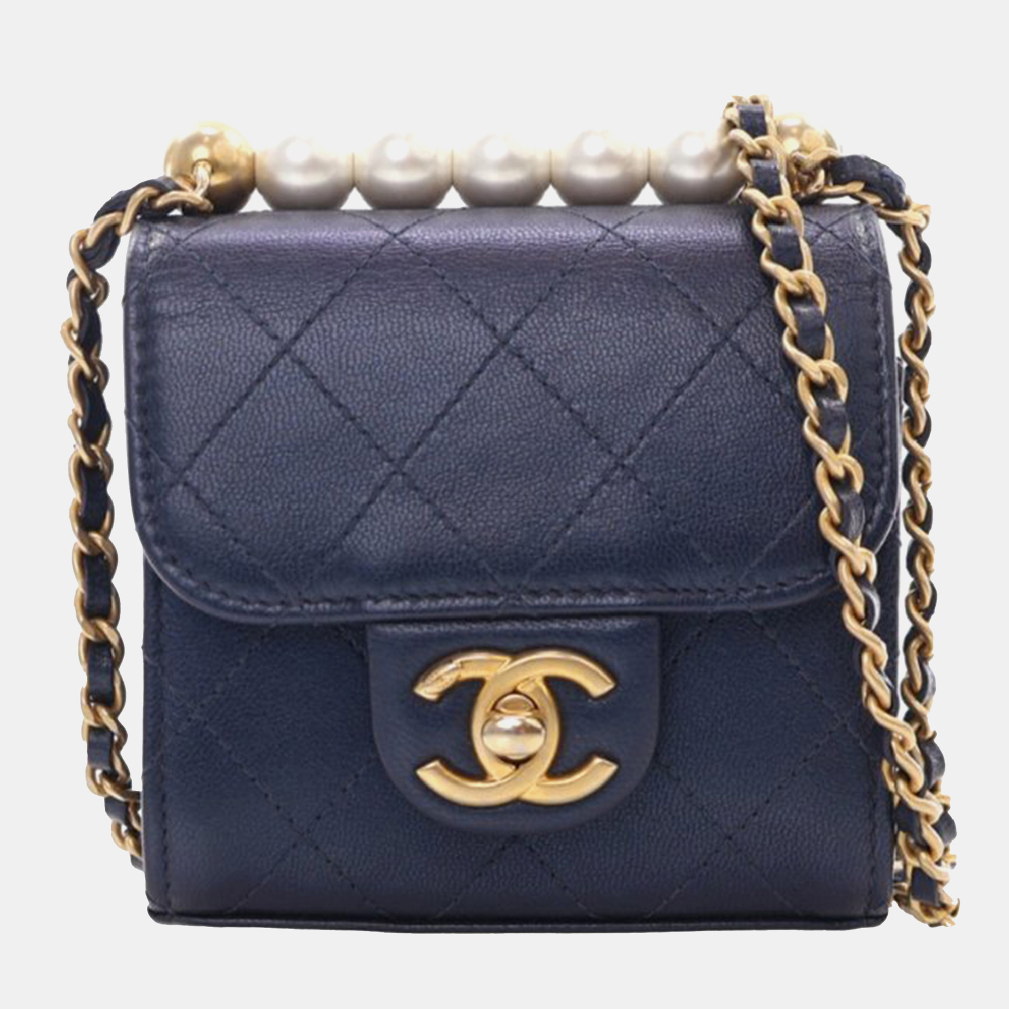 

Chanel Navy Blue Mini Goatskin Chic Pearls Clutch On Chain