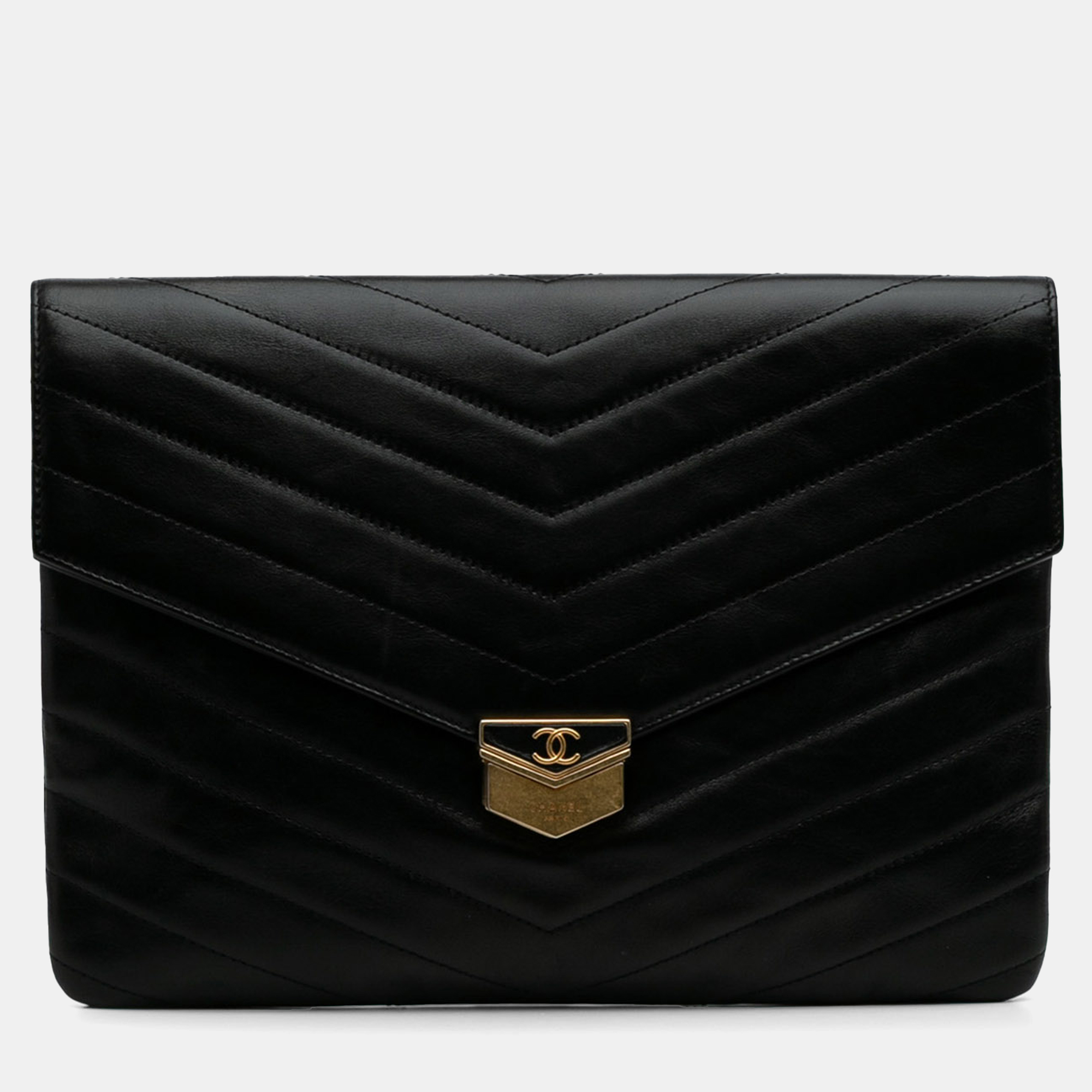

Chanel Black Paris Hamburg Chevron Lambskin Clutch
