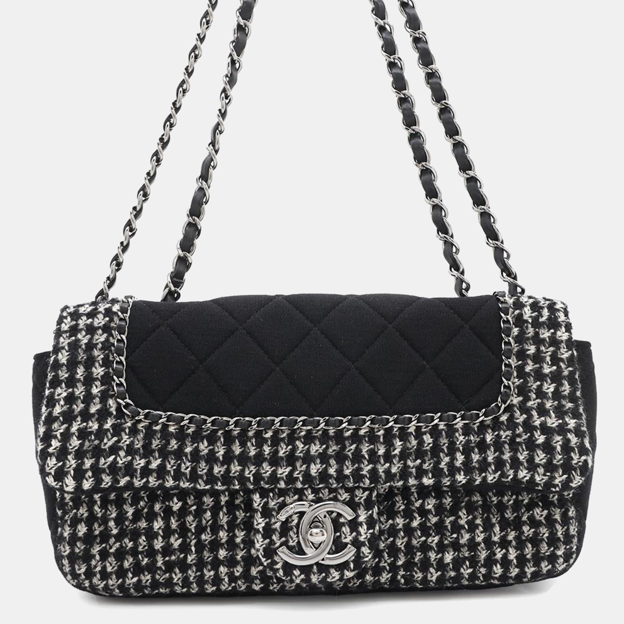 

Chanel Chain Shoulder Bag Matelasse Coco Mark Tweed Black White