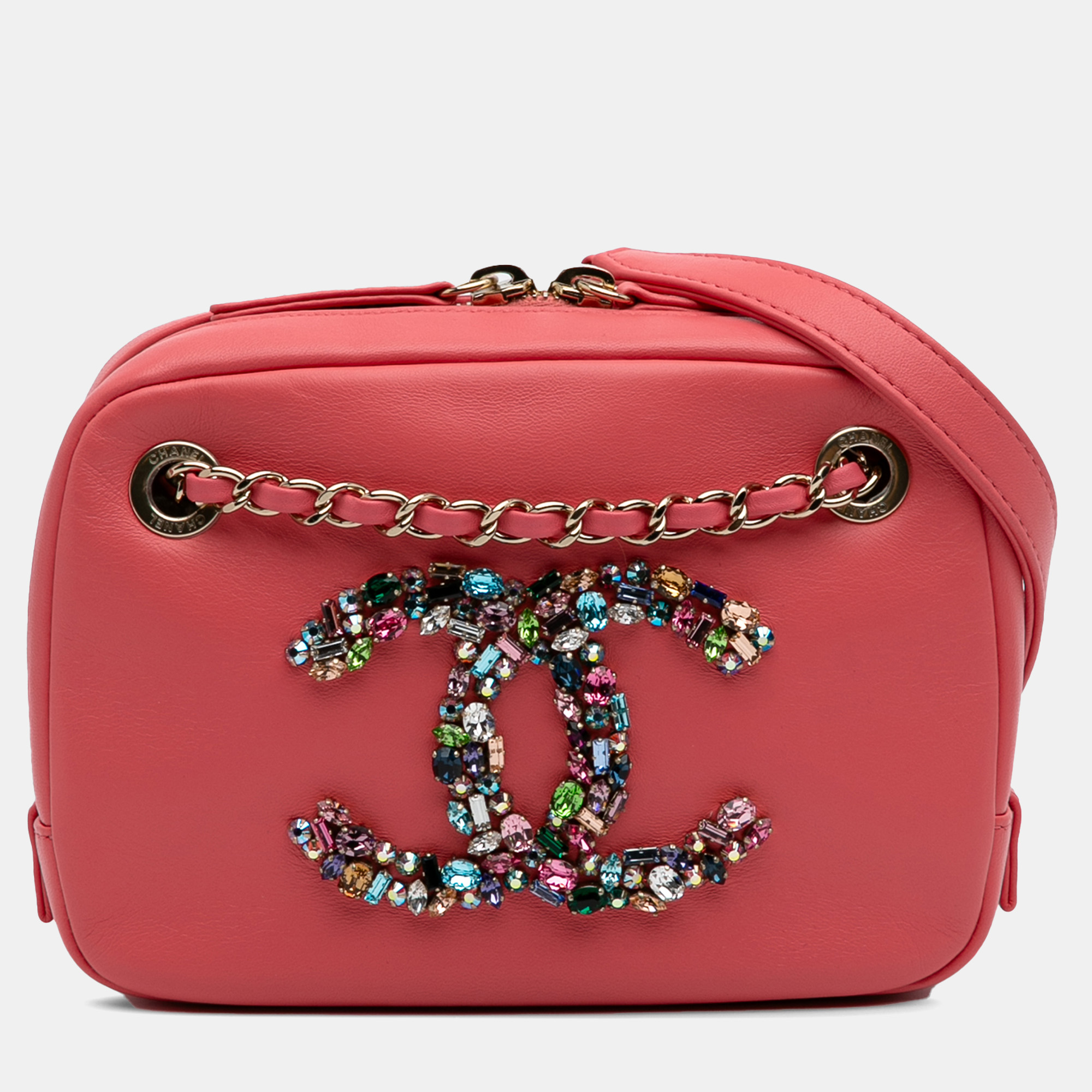 

Chanel Pink Lambskin Giant Crystal CC Camera Bag