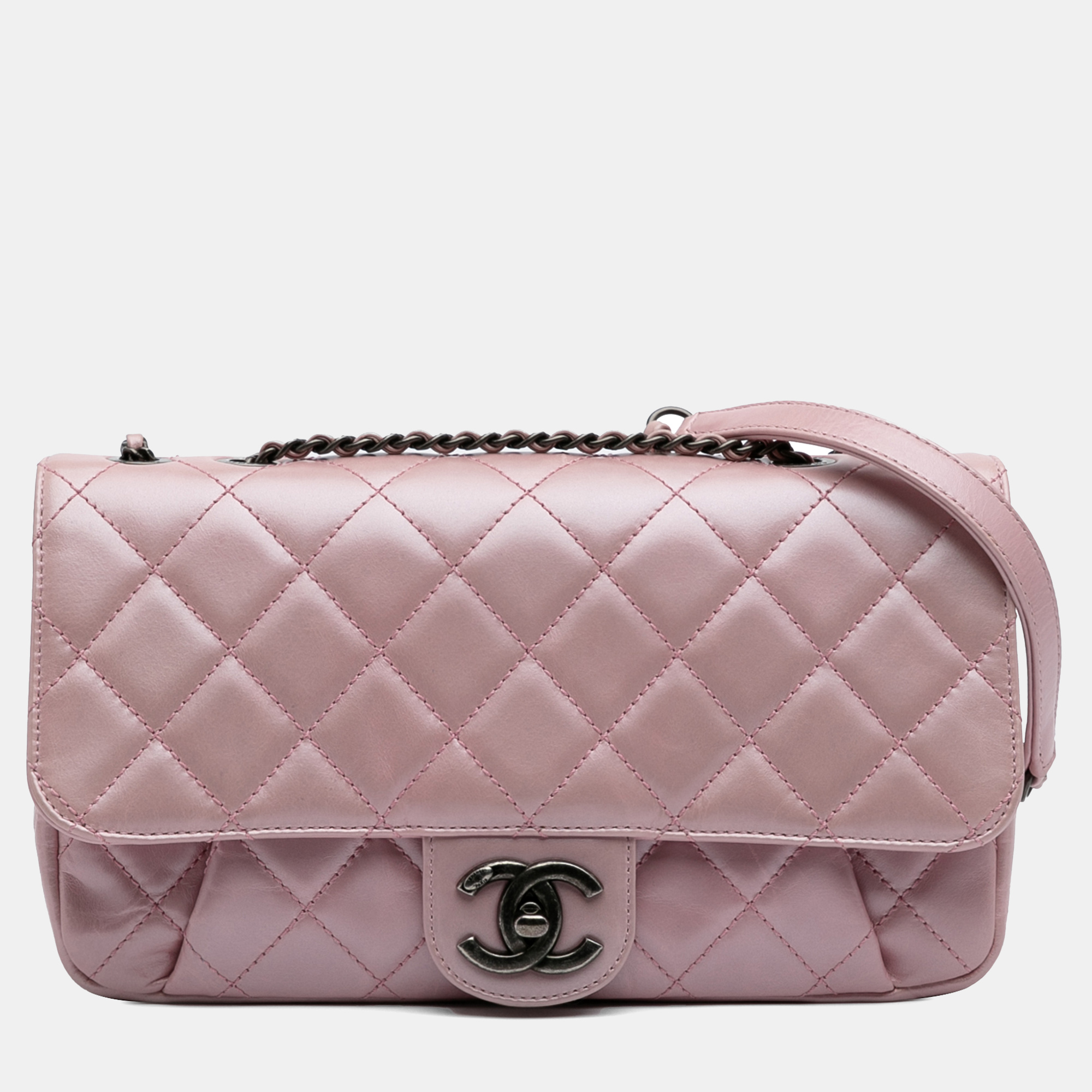 

Chanel Pink Medium Quilted Metallic Calfskin Coco Pleats Chain Flap