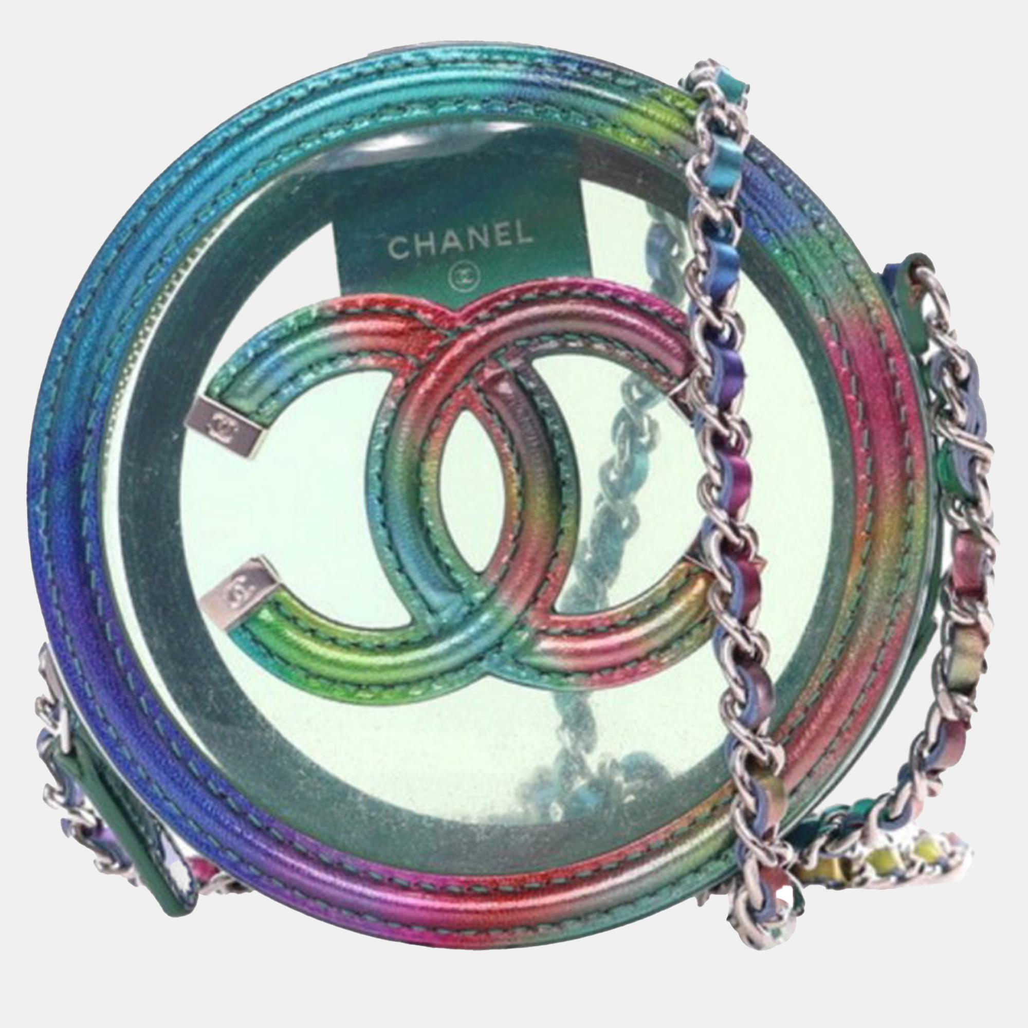 

Chanel Green PVC and Metallic Lambskin CC Filigree Round Clutch with Chain