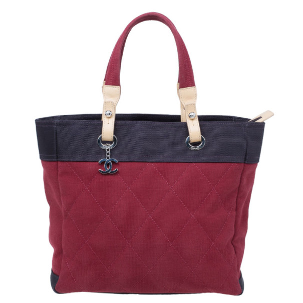 Pre Owned Chanel Red and Purple Canvas Quilted Biarritz Tote