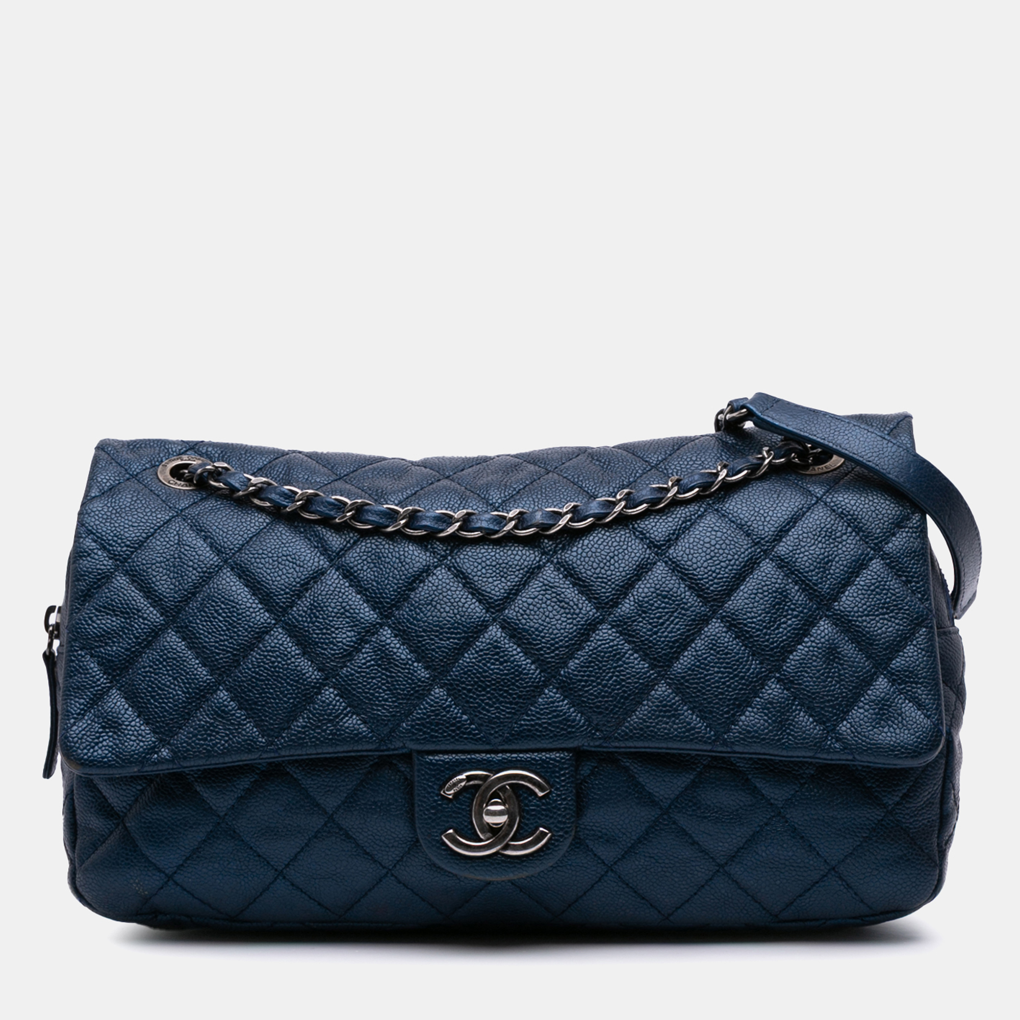 

Chanel Blue Jumbo Quilted Iridescent Caviar Easy Flap