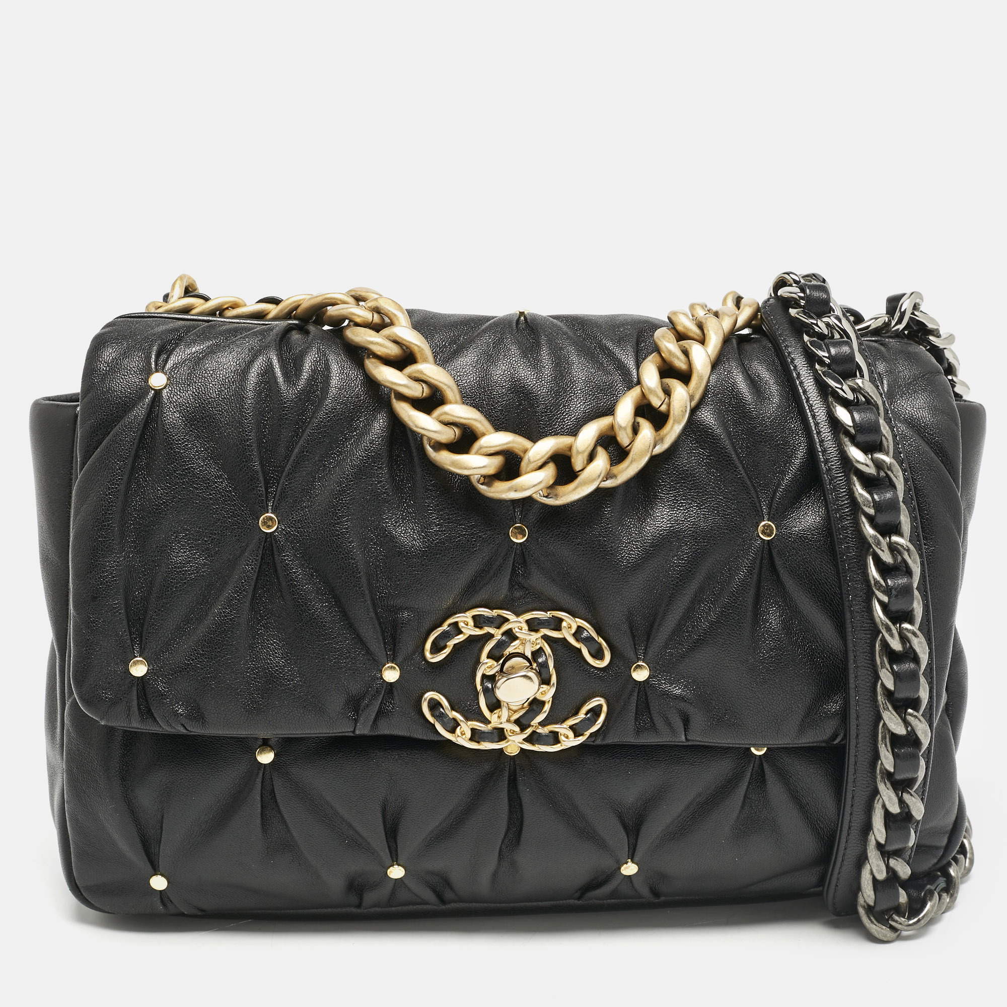 

Chanel Black Quilted Leather Studded Small 19 Flap Bag