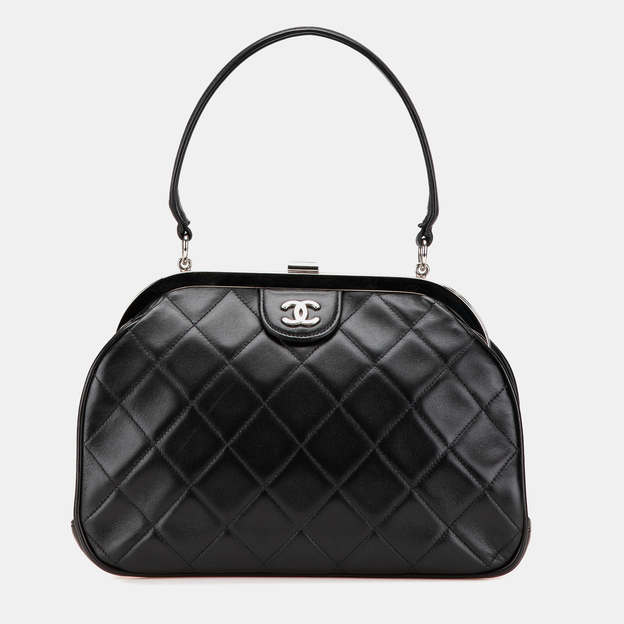

Chanel Black CC Quilted Lambskin Kiss Lock Frame Top Handle Bag