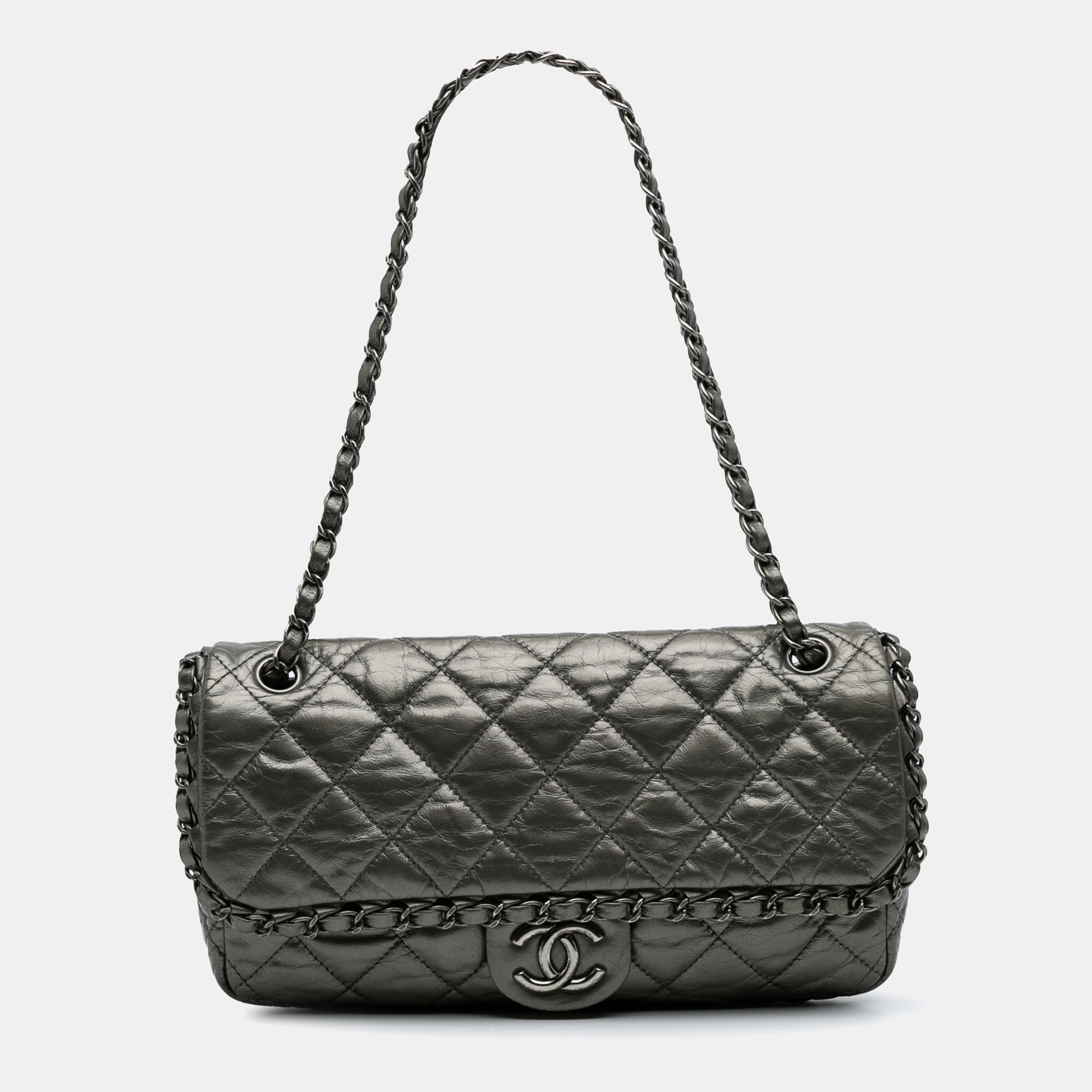 

Chanel Grey Medium Quilted Metallic Aged Calfskin Chain Me Flap