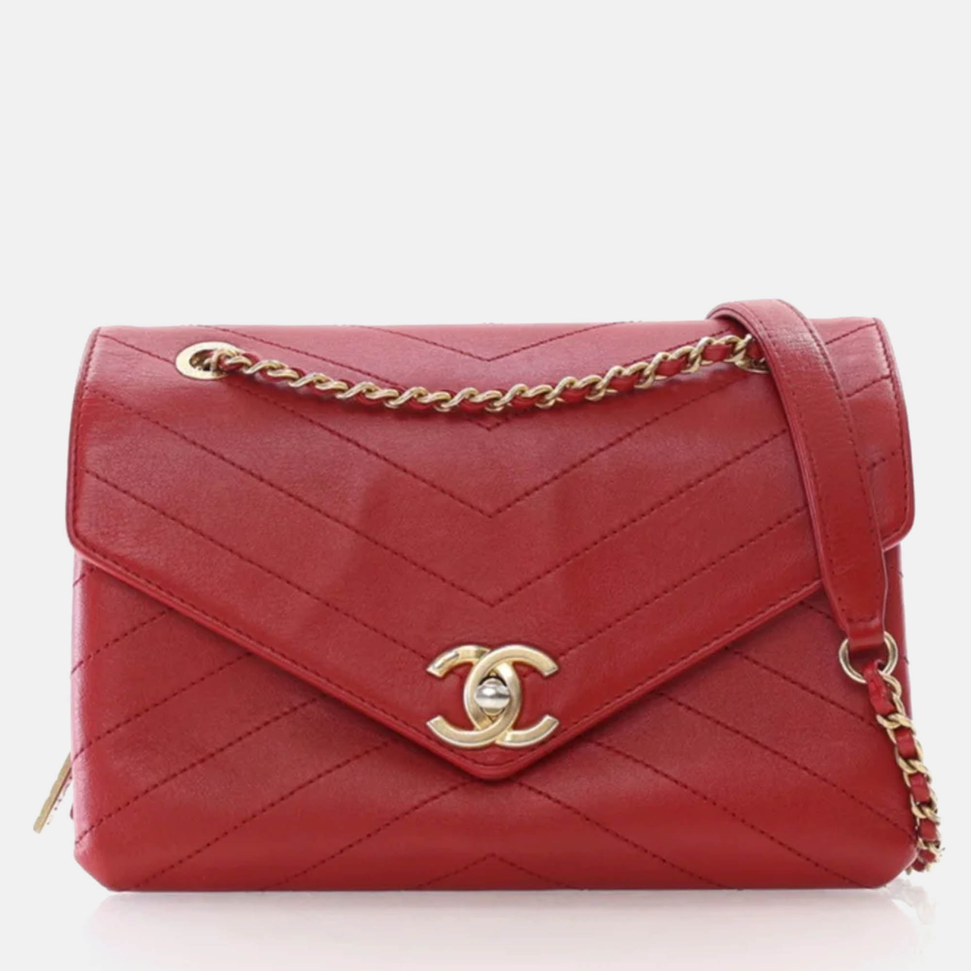 

Chanel Red Calfskin Coco Chevron Envelope Small Flap Bag