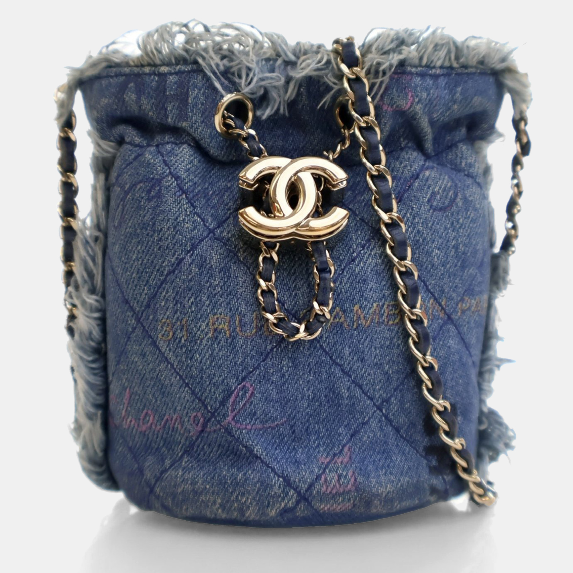 

Chanel Blue Denim Mood Mini Bucket With Chain