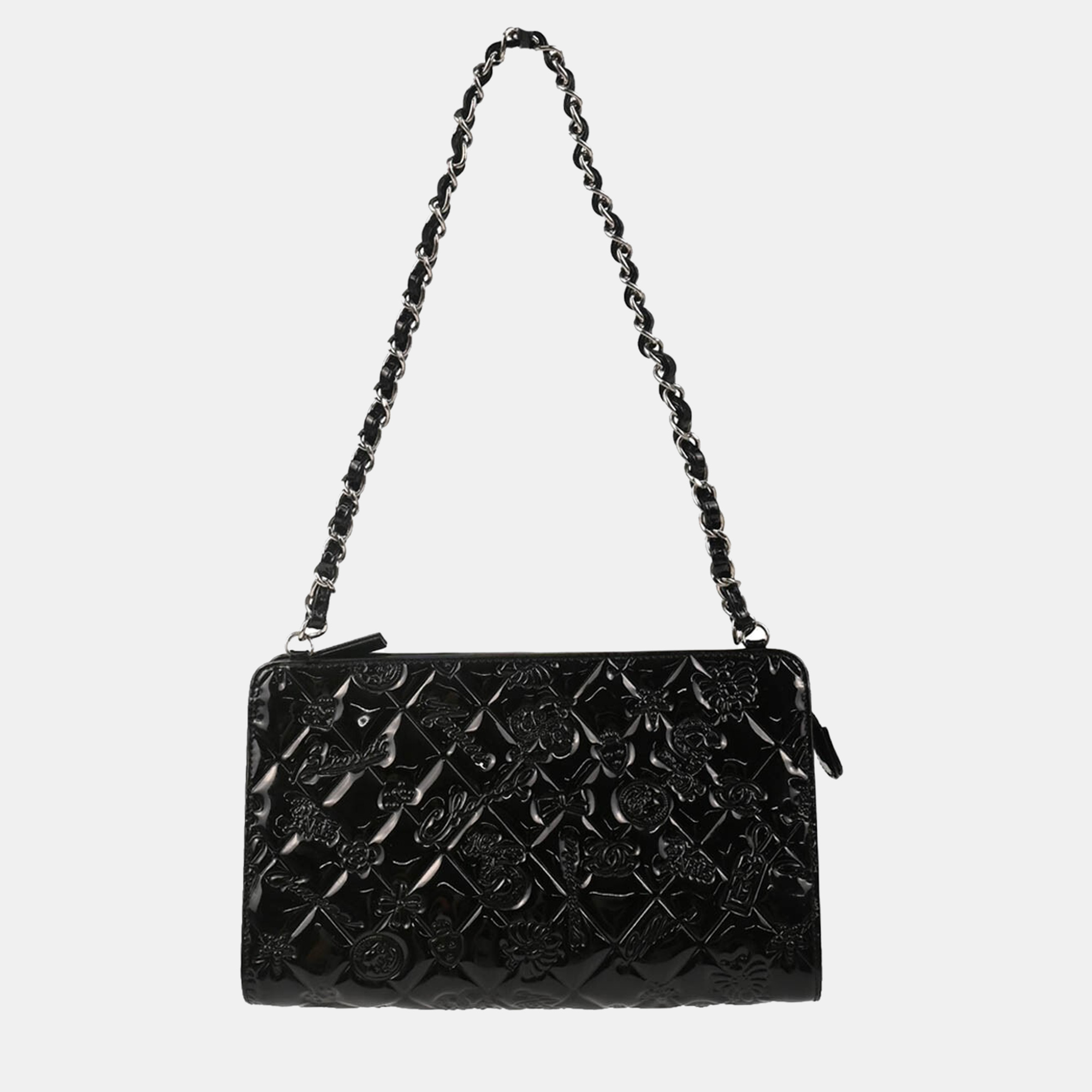 

Chanel Black Patent Leather Icon Chain Handbag