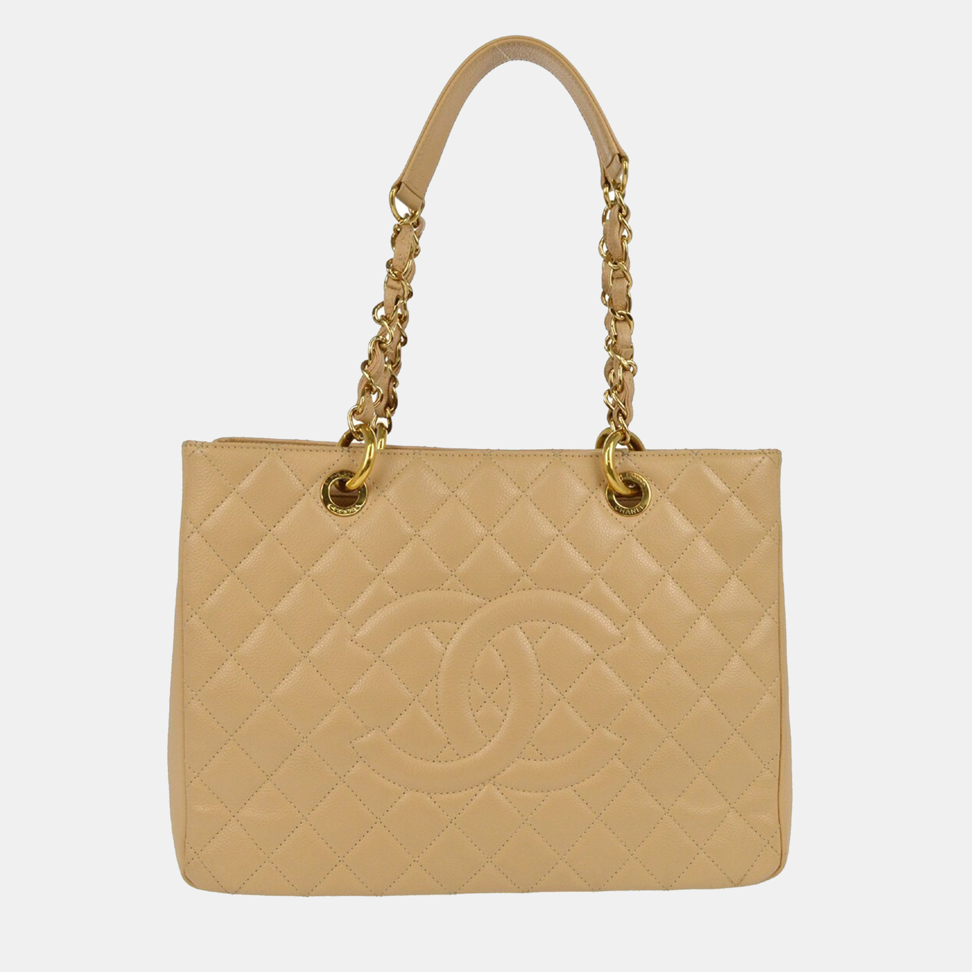

Chanel Beige Calfskin Grand Shopping Tote GST Chain Handbag