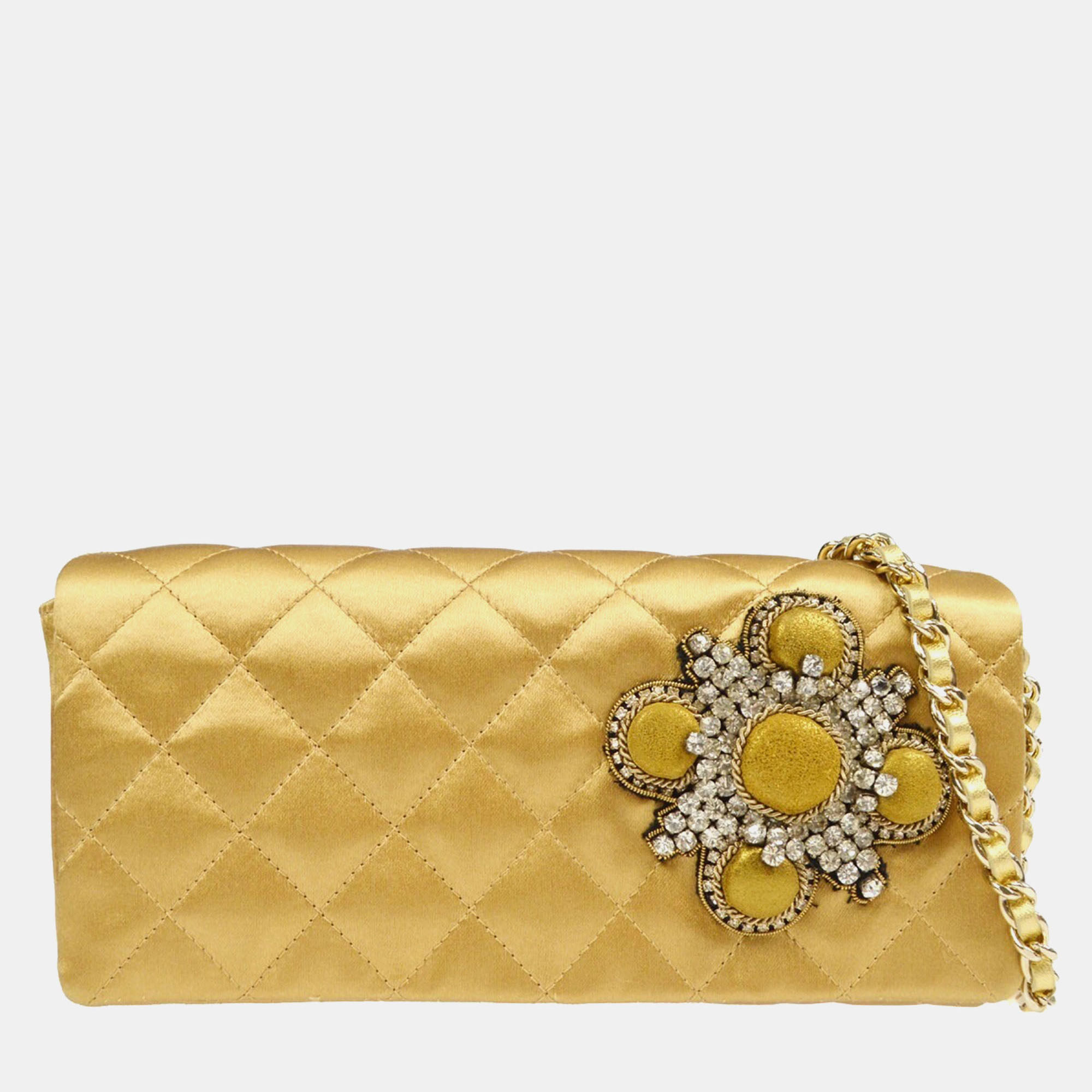 

Chanel Quilted Chain Handbag Rhinestone Purse Gold Satin