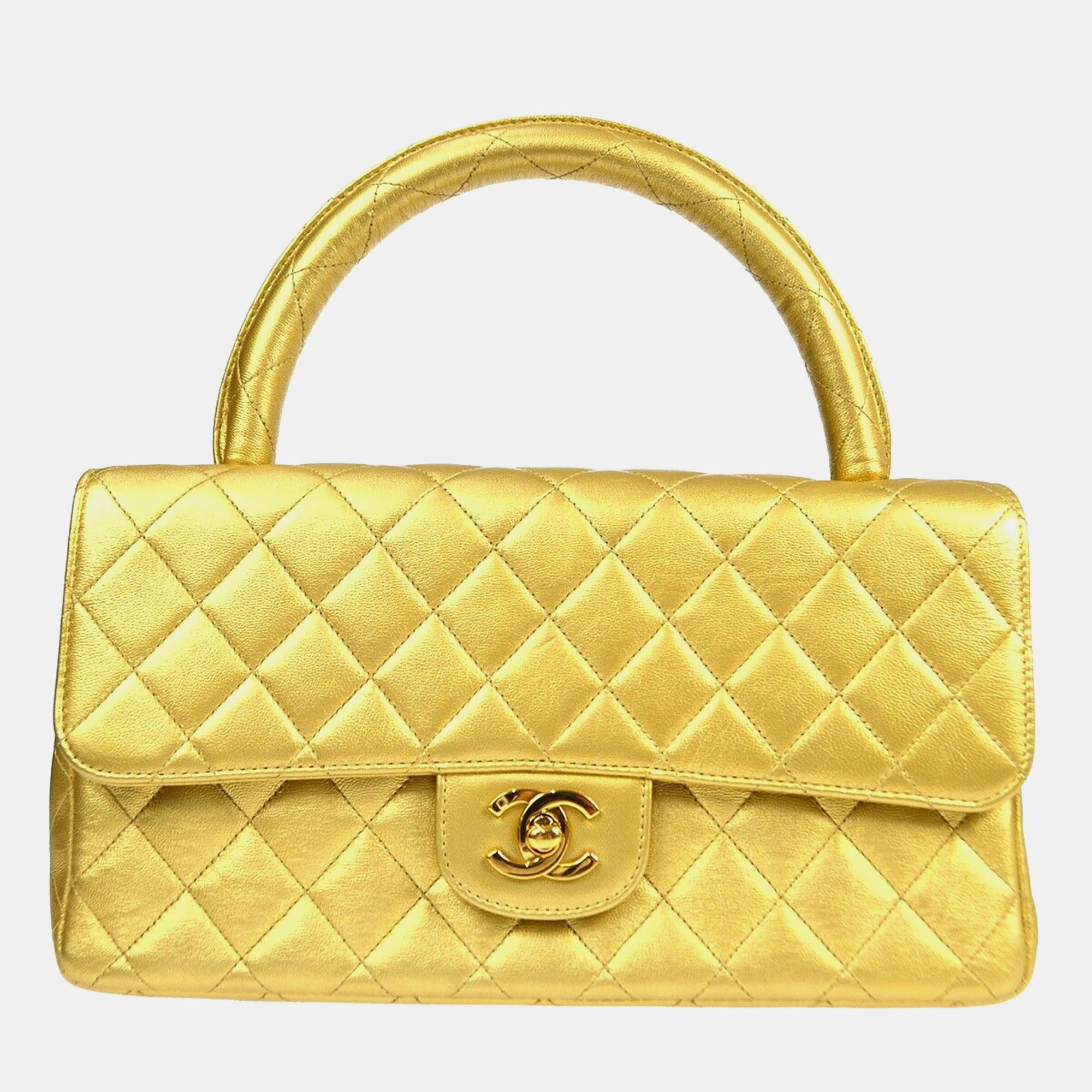 

Chanel Gold Lambskin Quilted CC Classic Flap Top Handle Bag