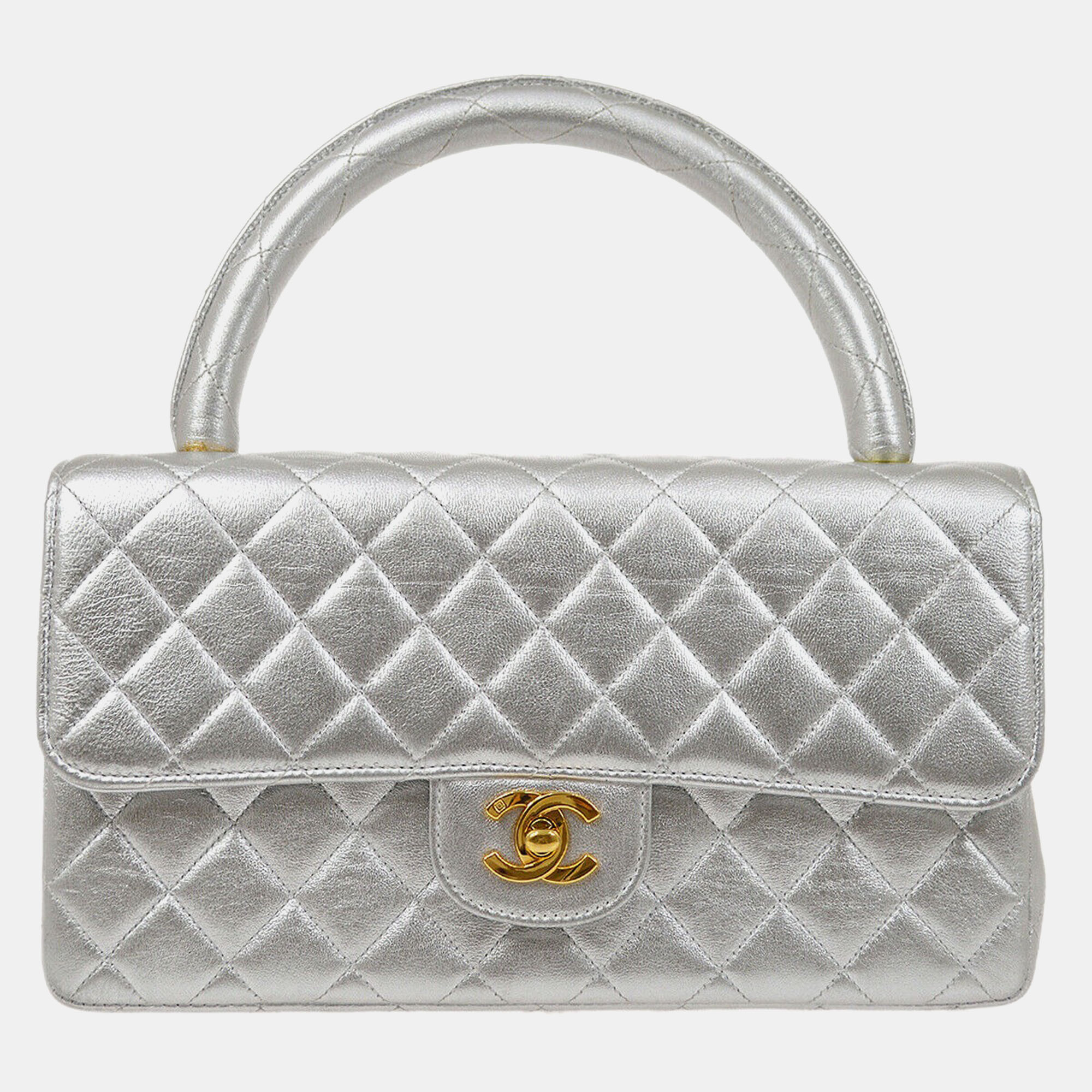 

Chanel Silver Lambskin Quilted CC Top Handle Handbag