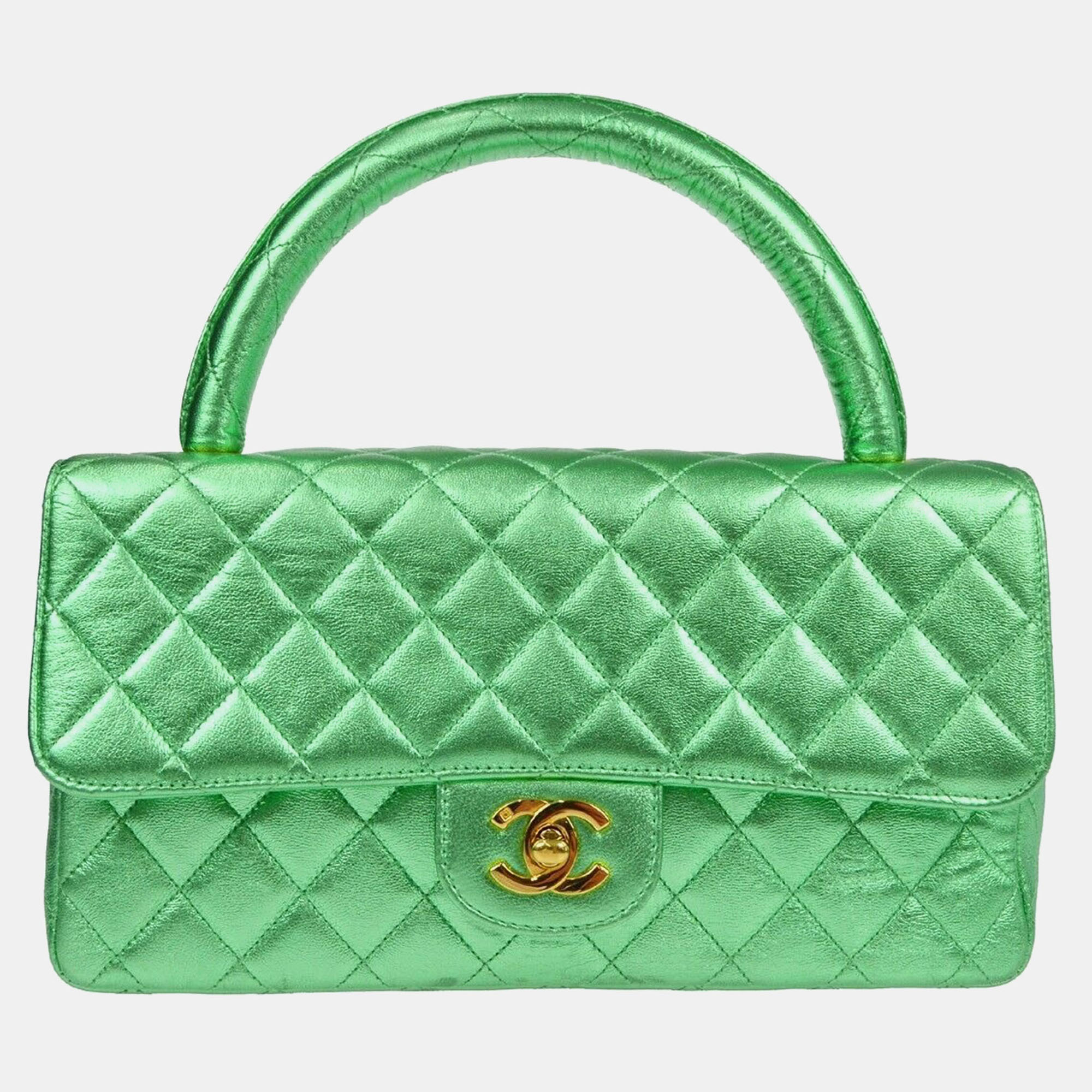 

Chanel Metallic Green Lambskin Quilted CC Top Handle Handbag