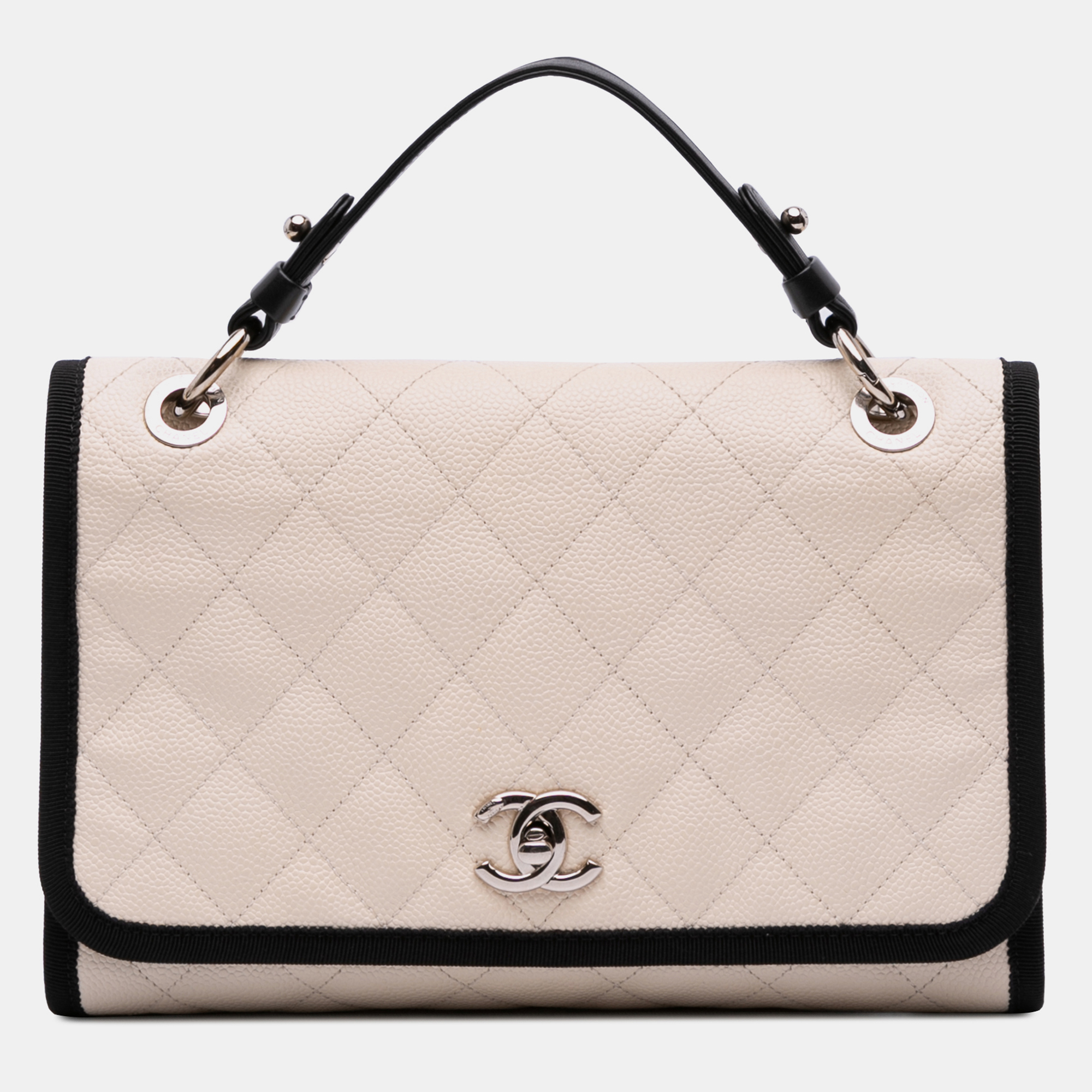 

Chanel Beige CC Bicolor Quilted Caviar and Grosgrain Top Handle Flap
