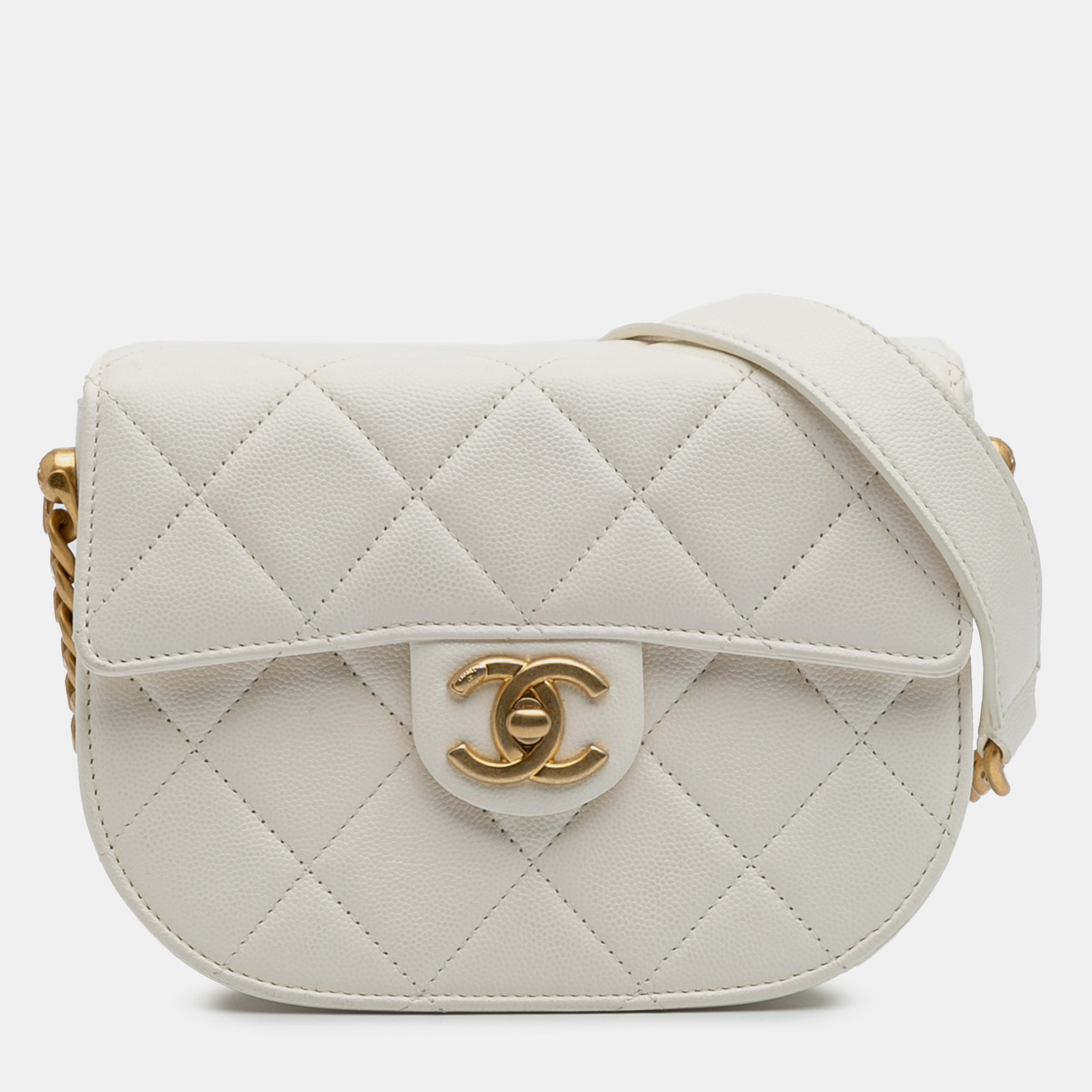 

Chanel White CC Quilted Lambskin Round Moon Messenger Flap