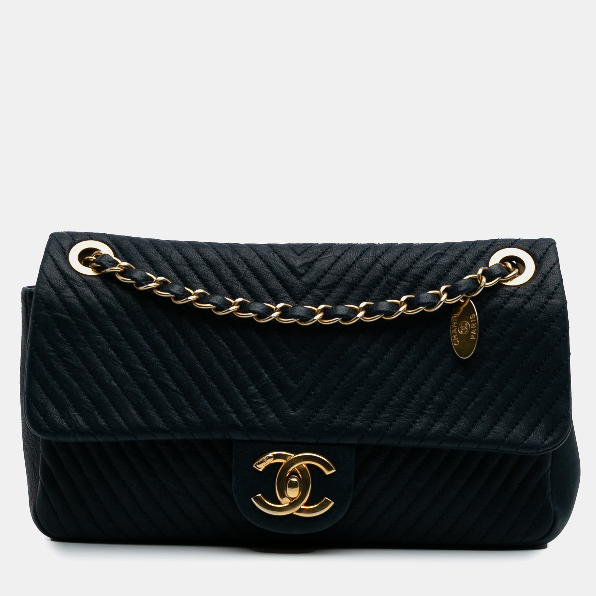 

Chanel Navy Blue Medium Chevron Wrinkled Calfskin Medallion Charm Flap