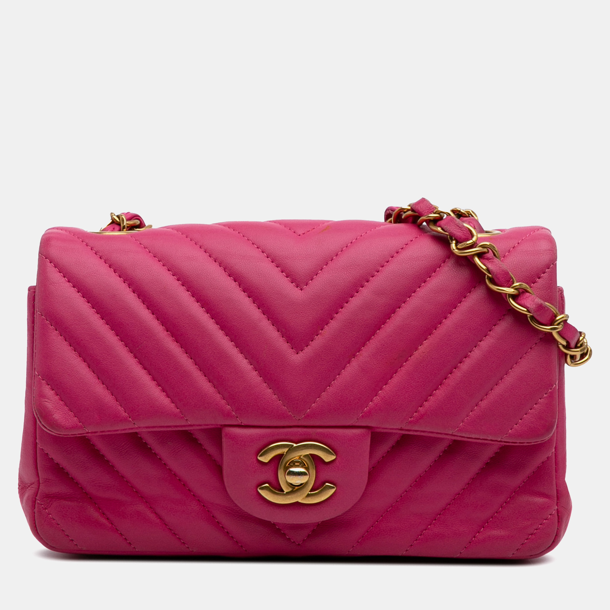 

Chanel Pink Mini Rectangular Classic Chevron Lambskin Single Flap