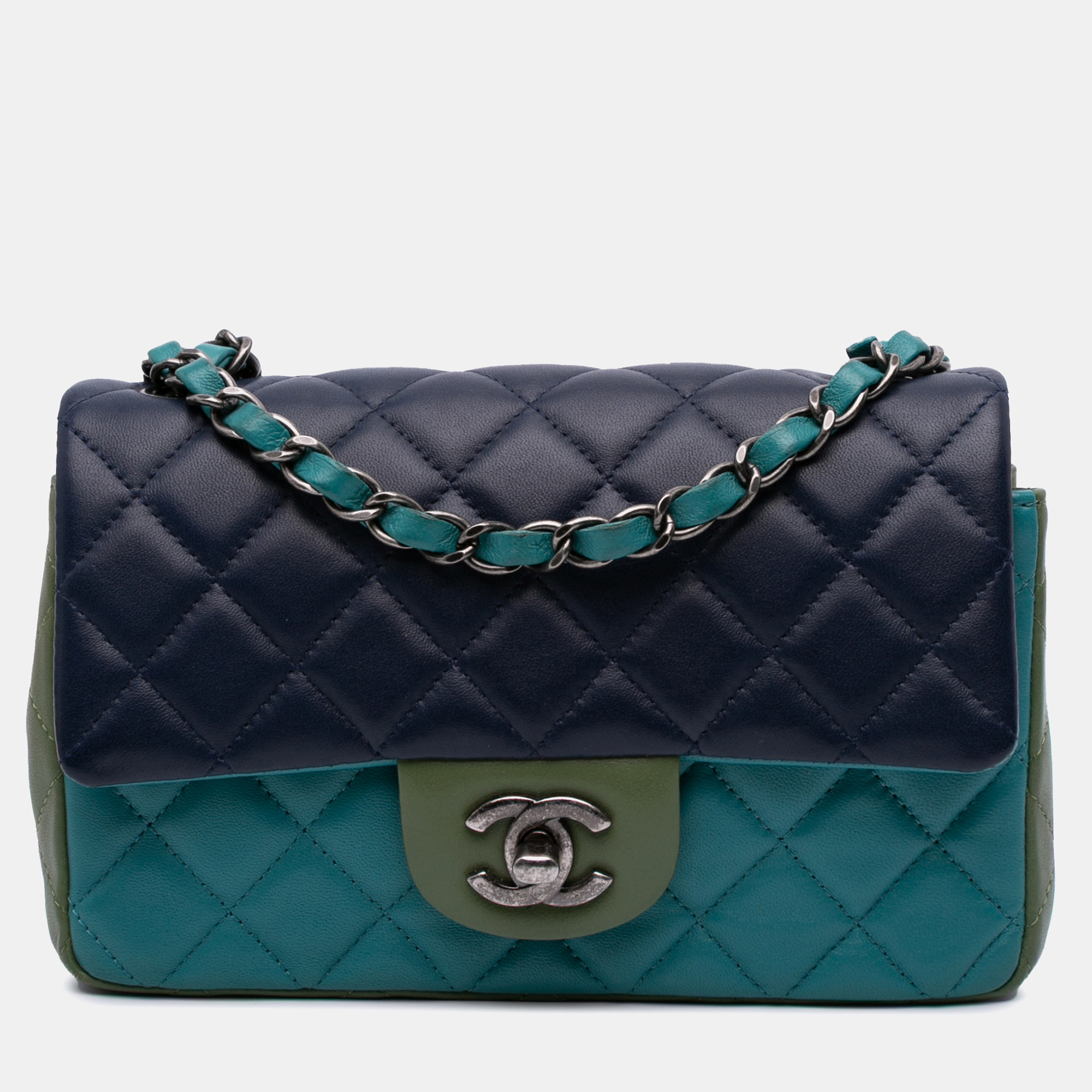 

Chanel Blue Green Mini Rectangular Classic Tricolor Lambskin Single Flap