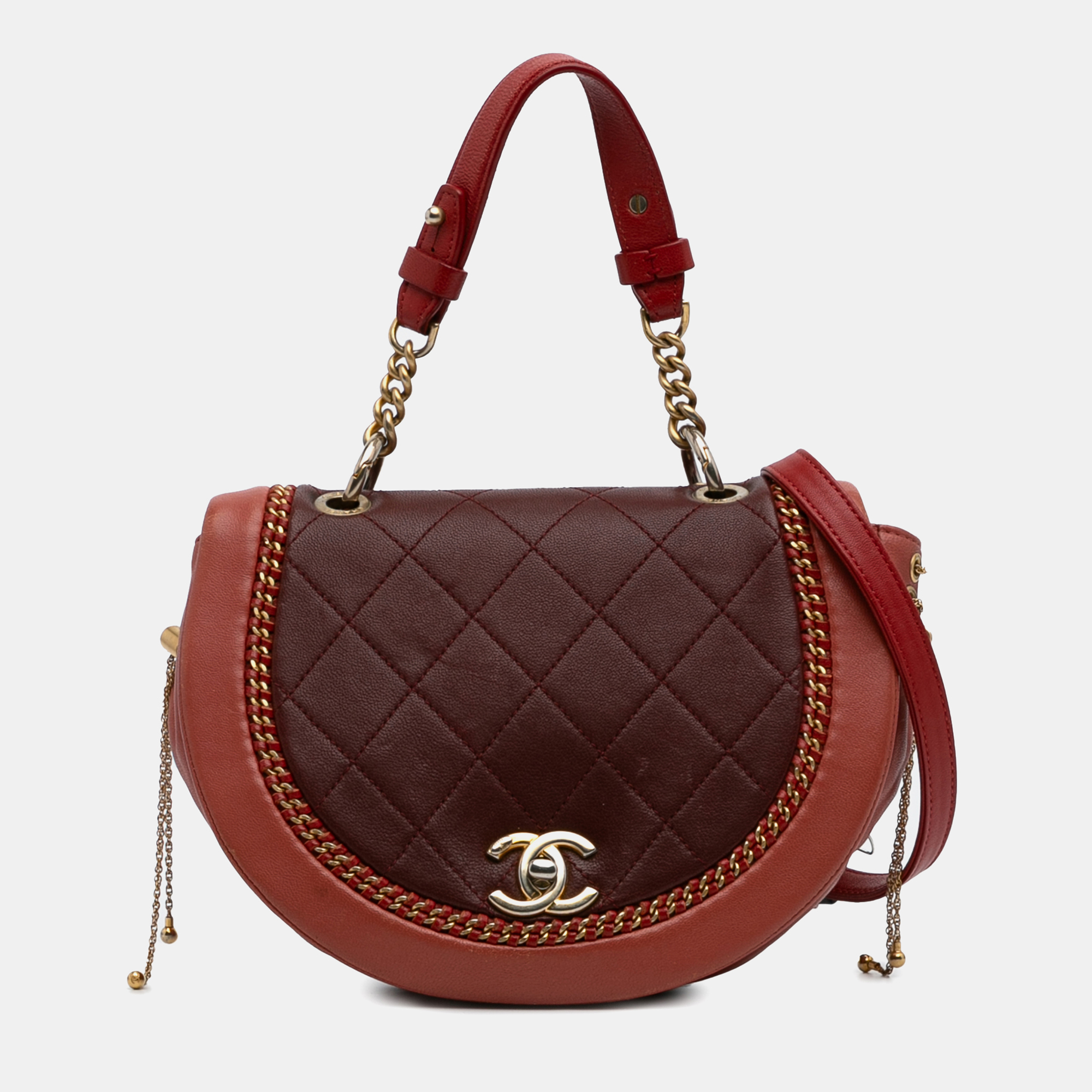 

Chanel Red/Burgundy Small Quilted Lambskin Chain Detail Saddle Bag