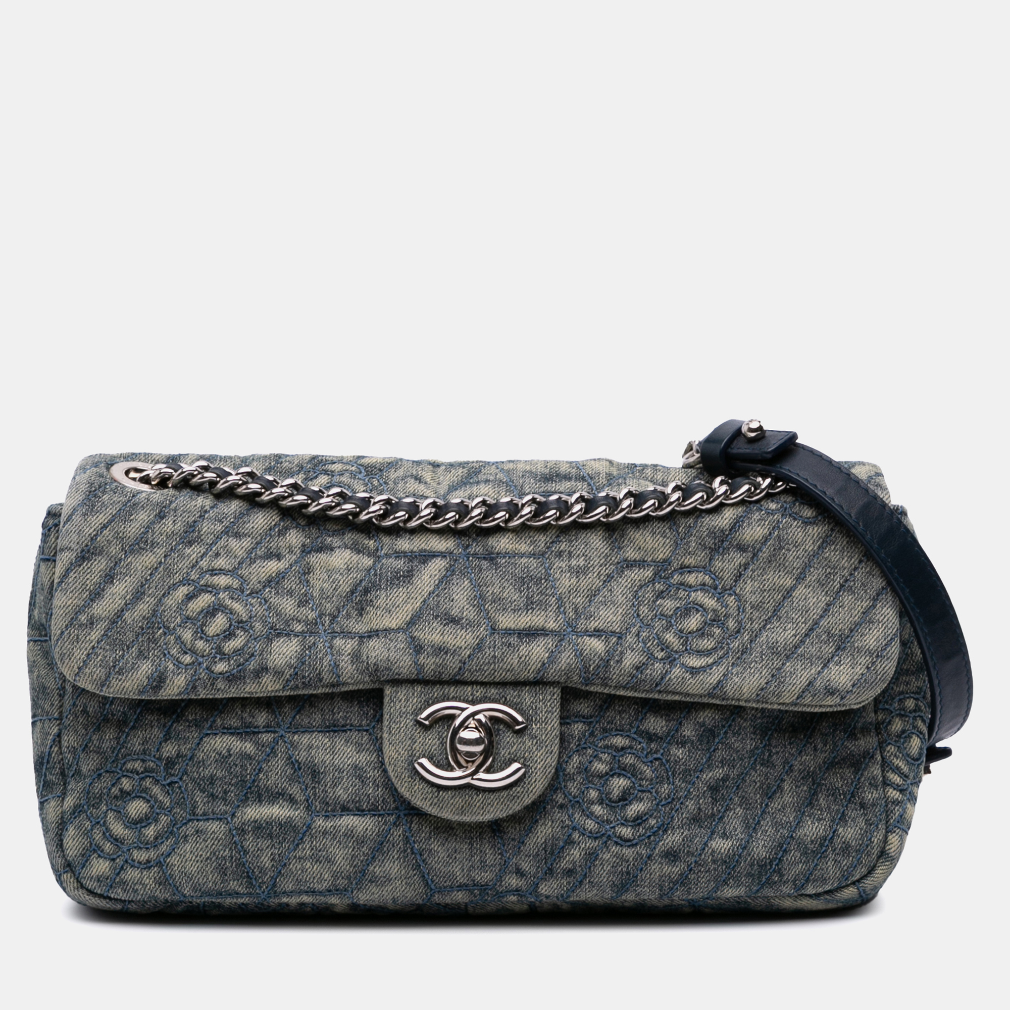 

Chanel Blue Medium Embroidered Denim Camellia Flap