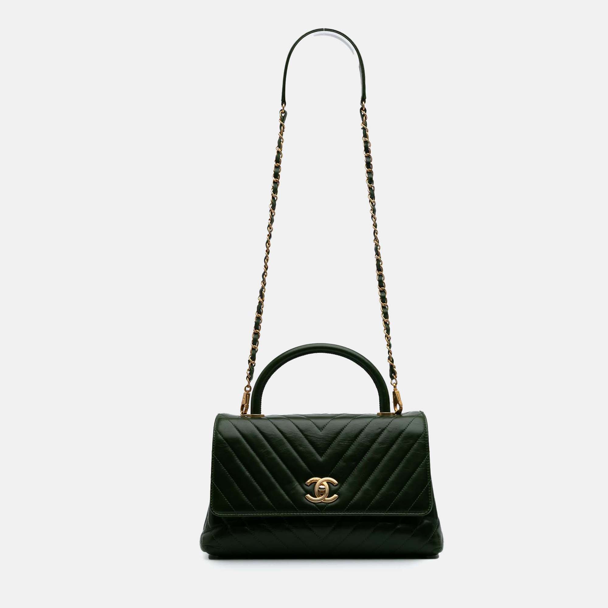 

Chanel Green Aged Calfskin Medium Chevron Coco Top Handle Bag