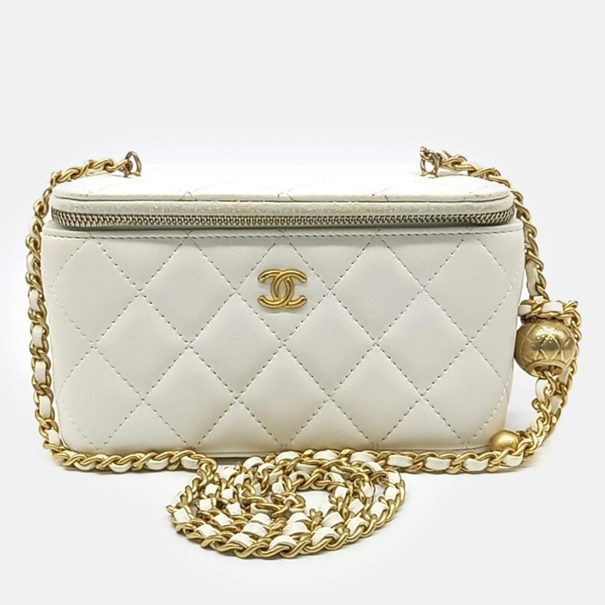 

Chanel White Leather Golden Ball Vanity Small Crossbody Bag