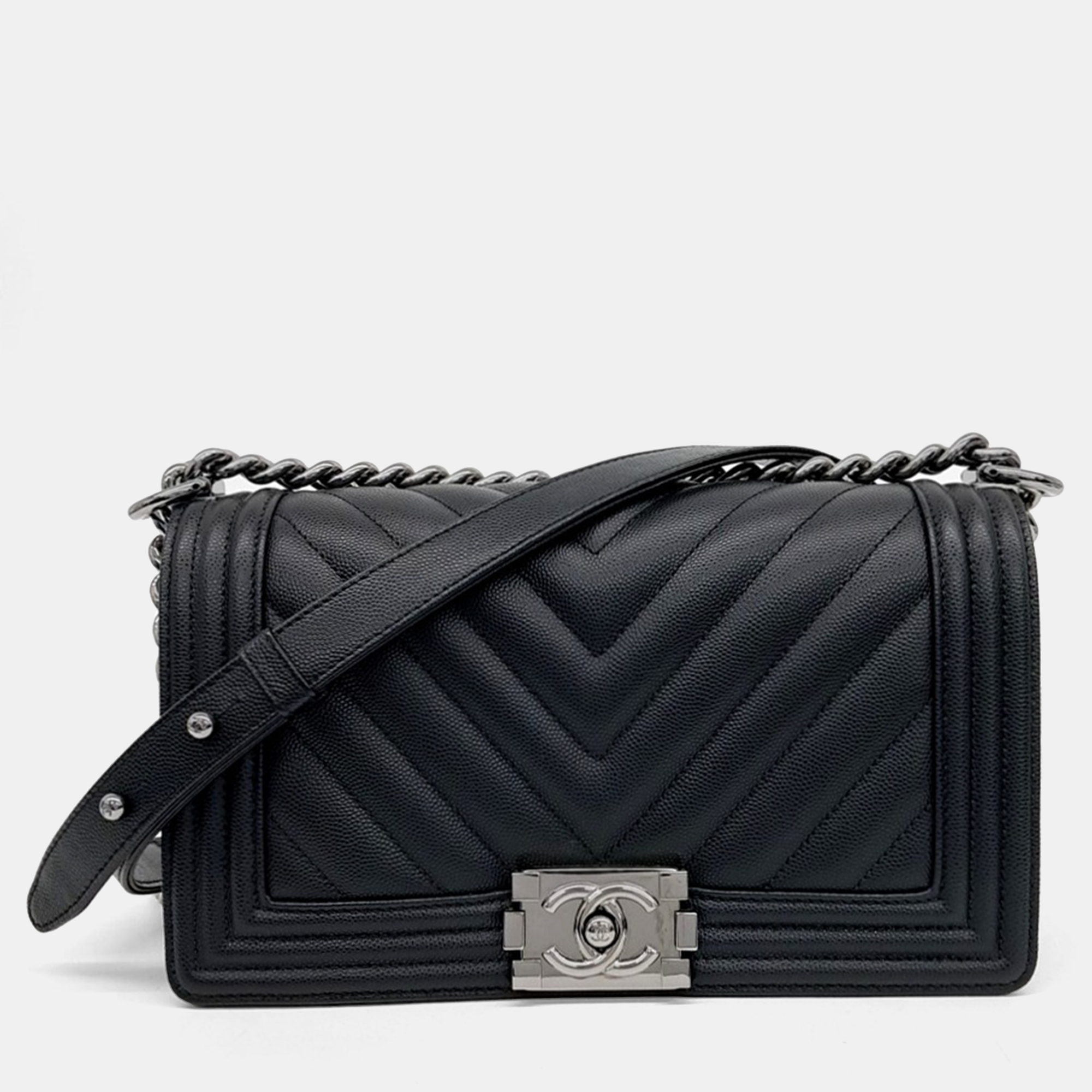 

Chanel Black Leather Caviar Chevron Boy Bag Medium