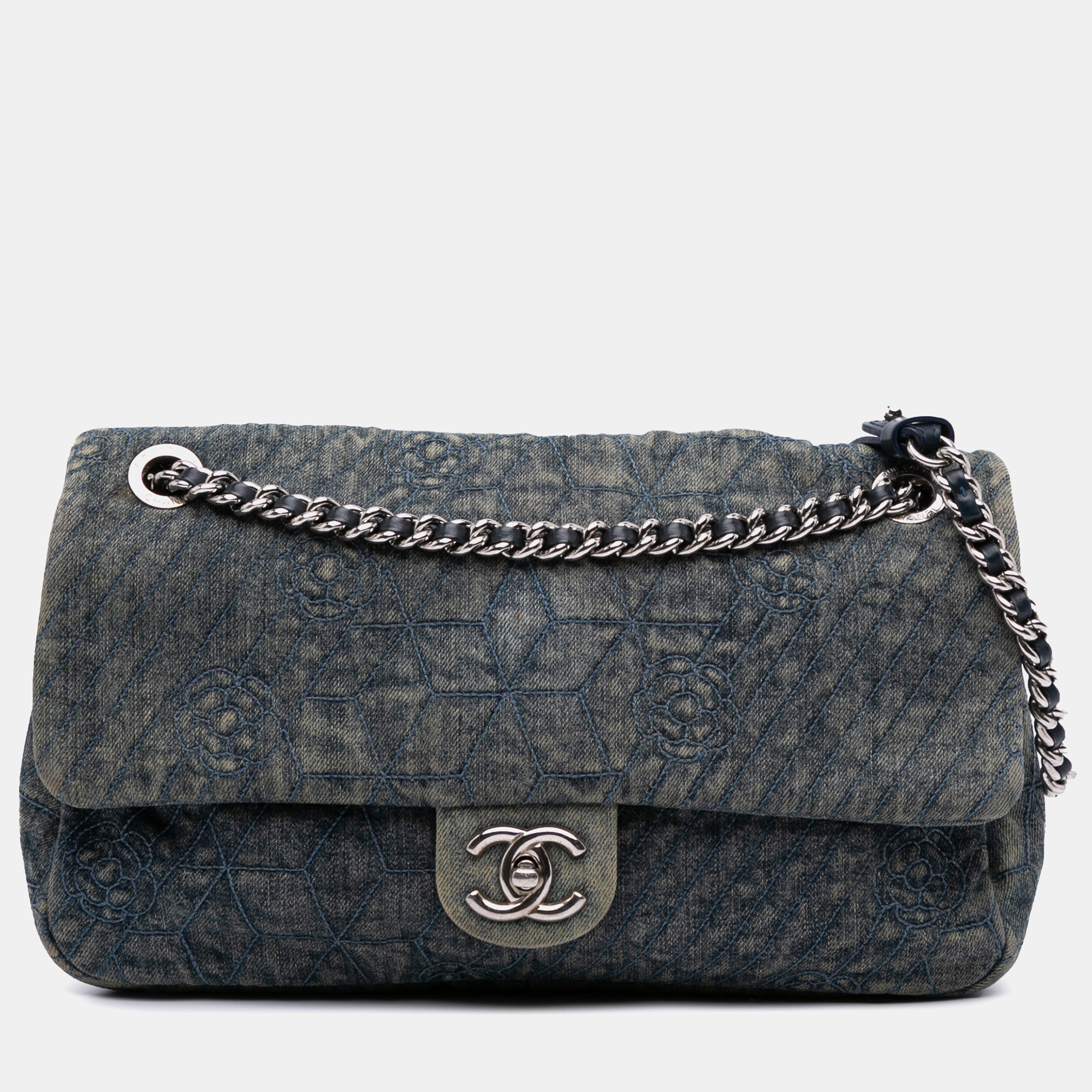 

Chanel Blue Large Embroidered Denim Camellia Flap