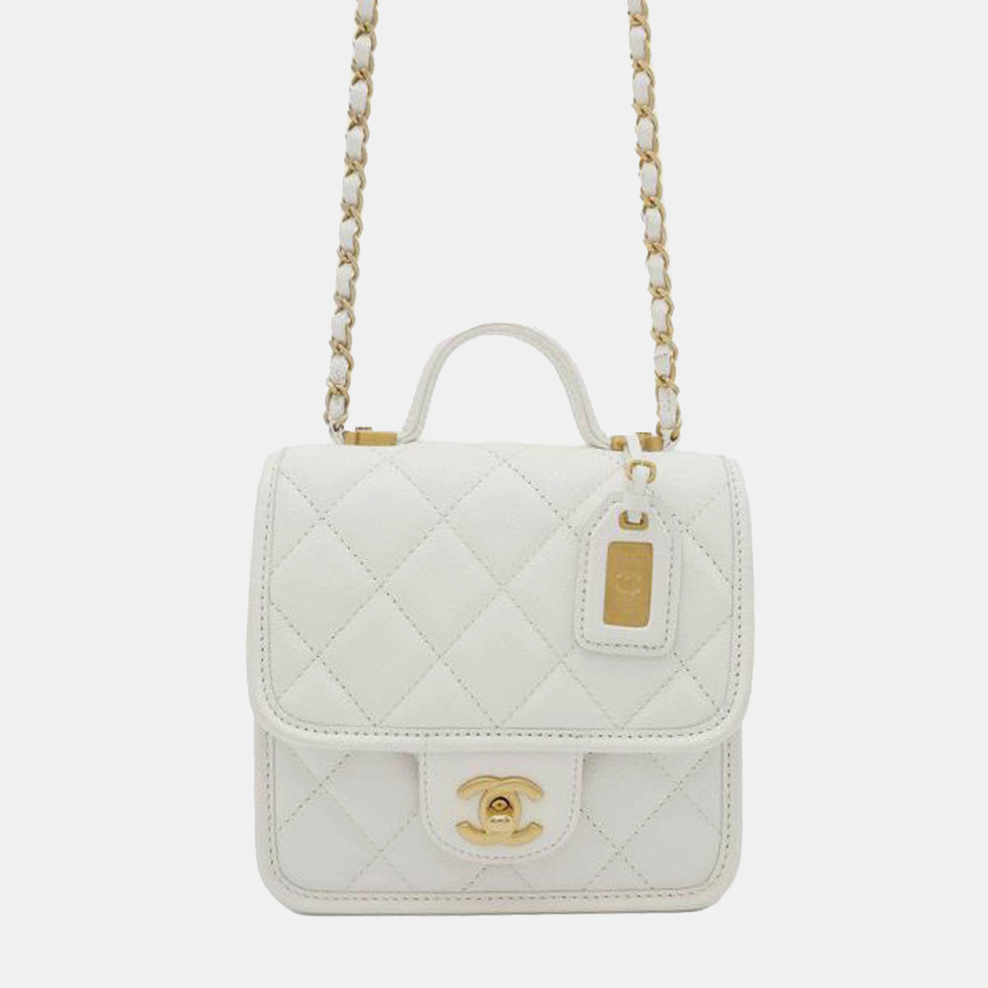 Pre-owned Chanel White Caviar School Memory Mini Top Handle Flap