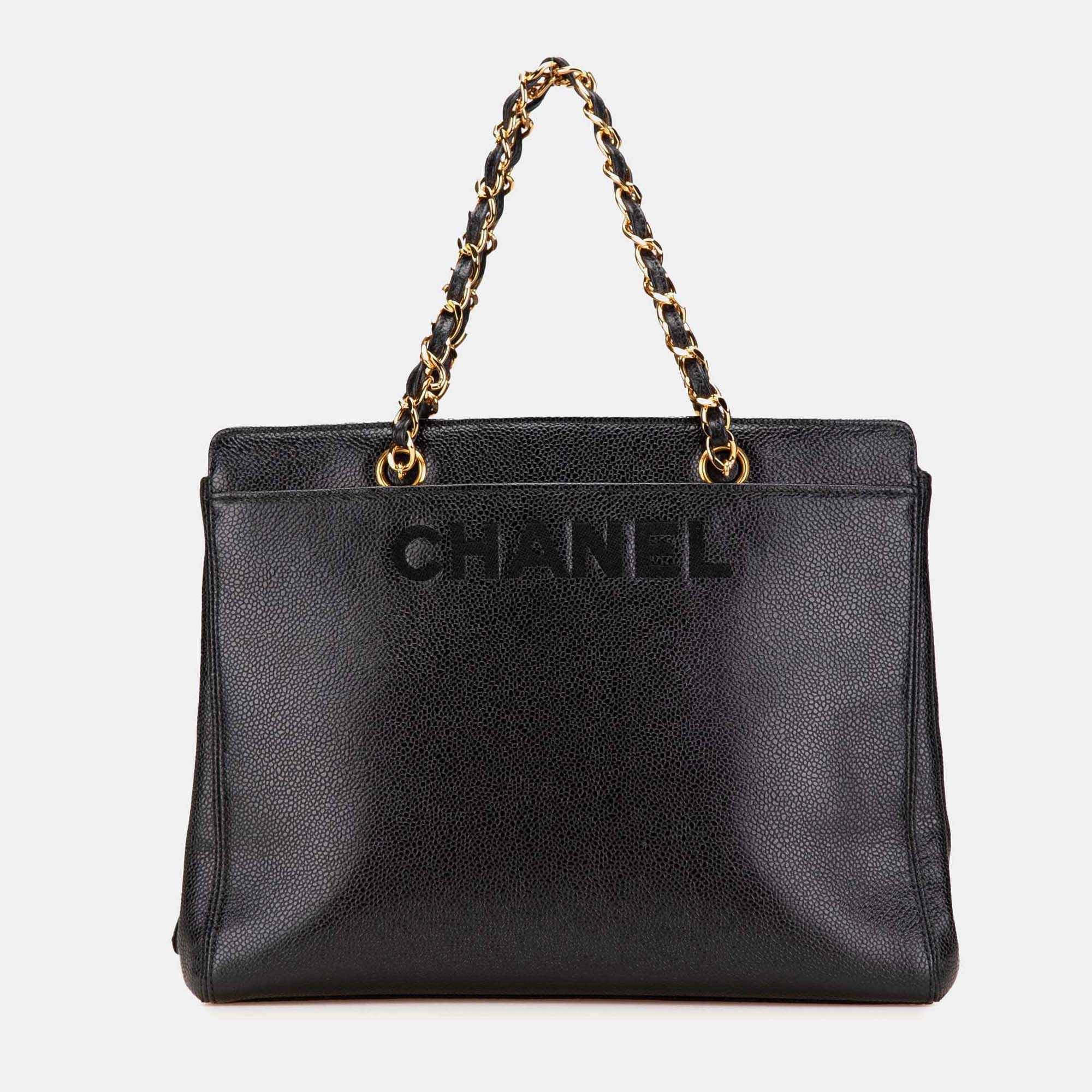 

Chanel Black Caviar Logo Chain Tote