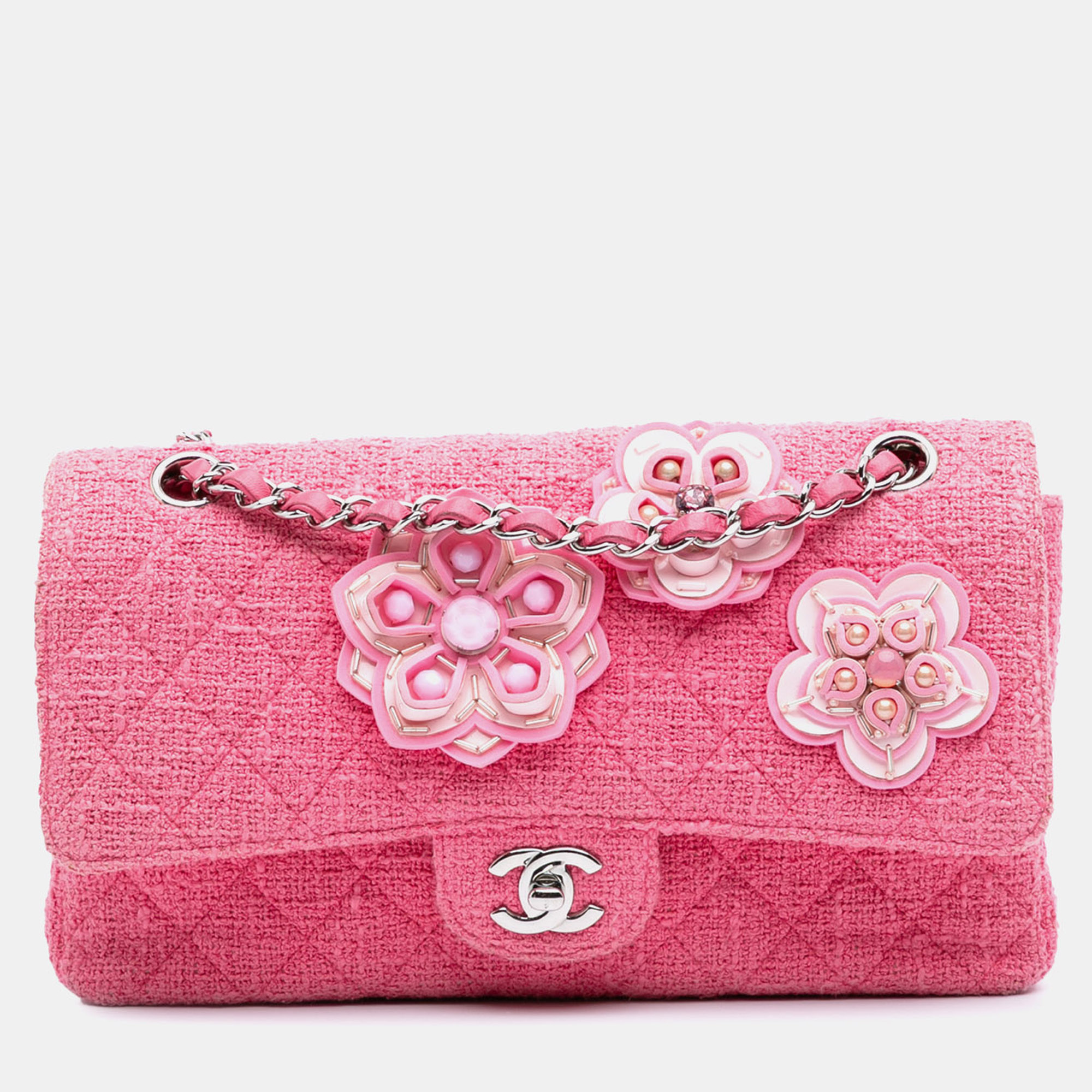 

Chanel Pink Medium Classic Tweed Beaded Flower Double Flap