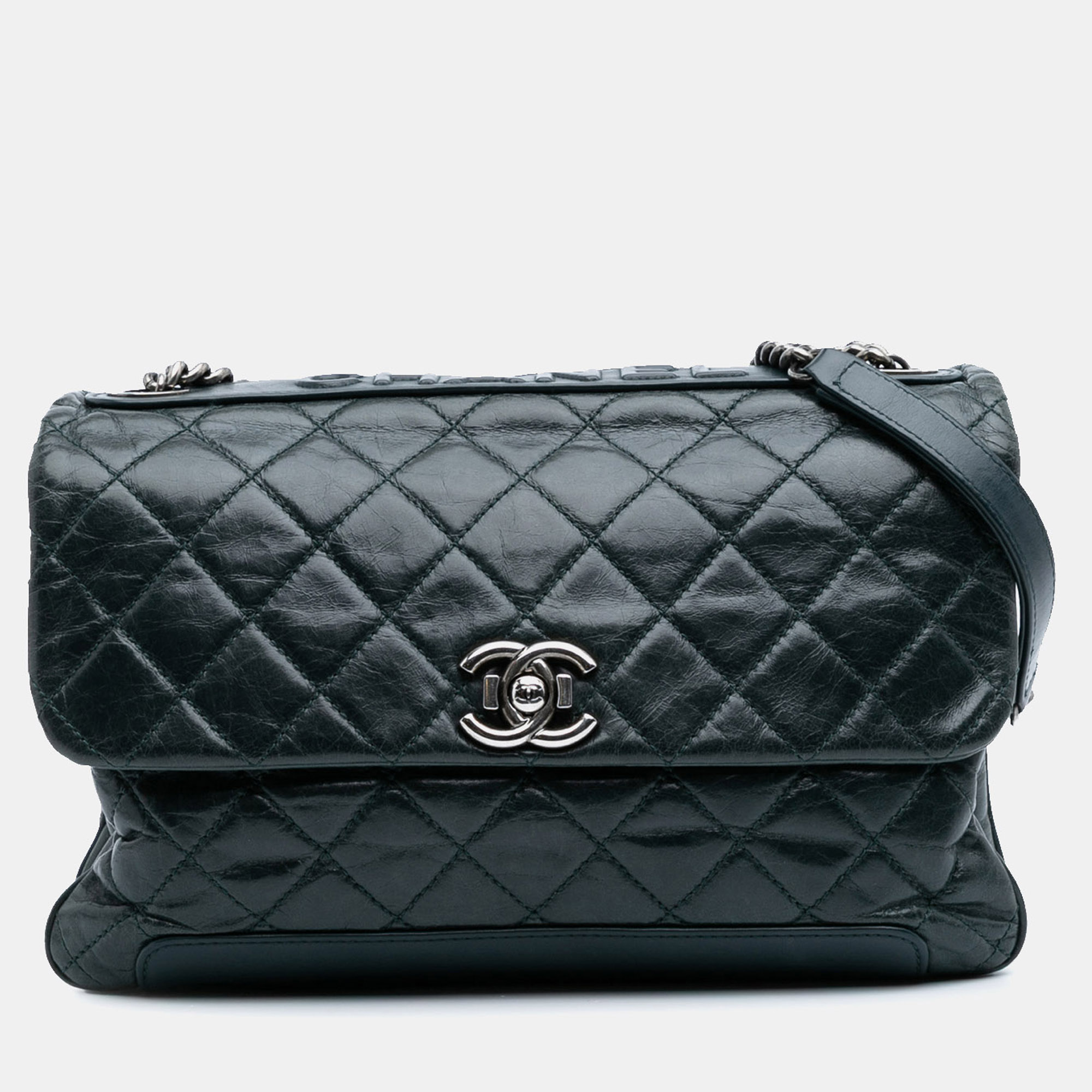 

Chanel Green Quilted Aged Calfskin Logo Accordion Flap