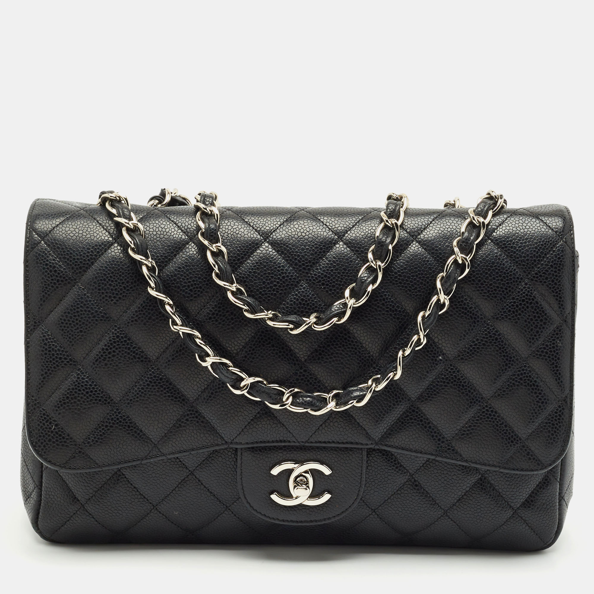 

Chanel Black Quilted Caviar Leather Jumbo Classic Single Flap Bag