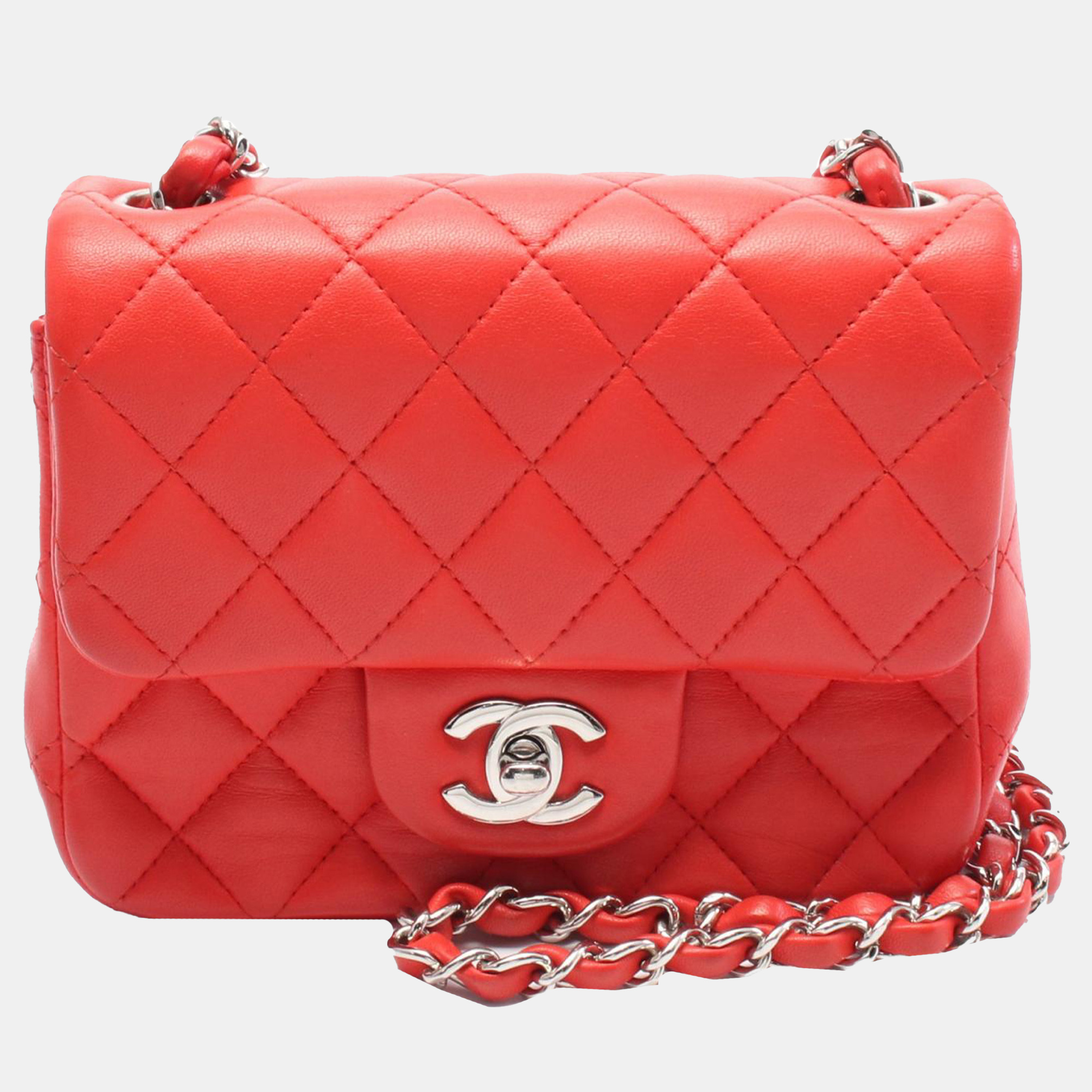 

Chanel Red Mini Square Classic Lambskin Single Flap
