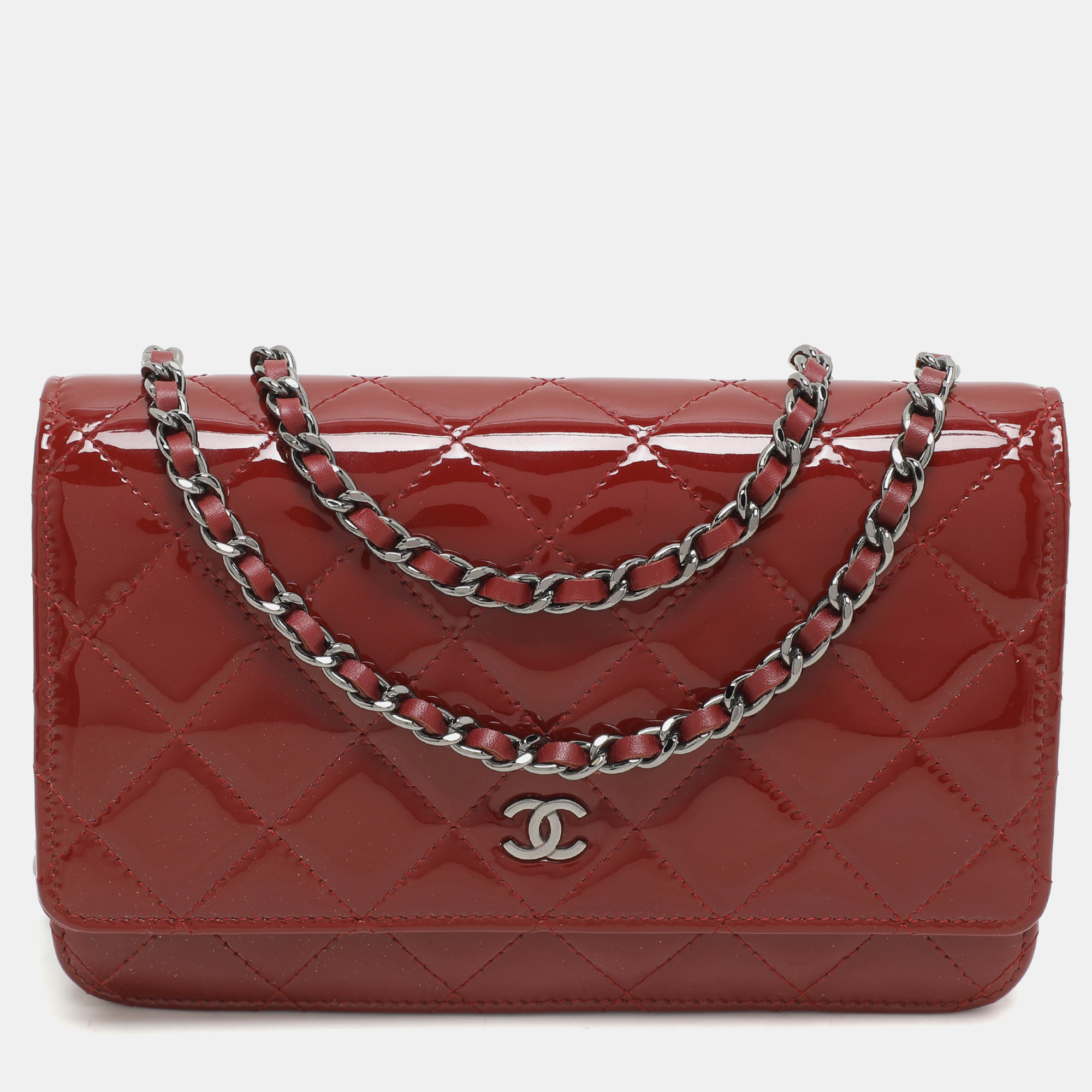 

Chanel Brick Red Quilted Patent Leather CC Wallet On Chain
