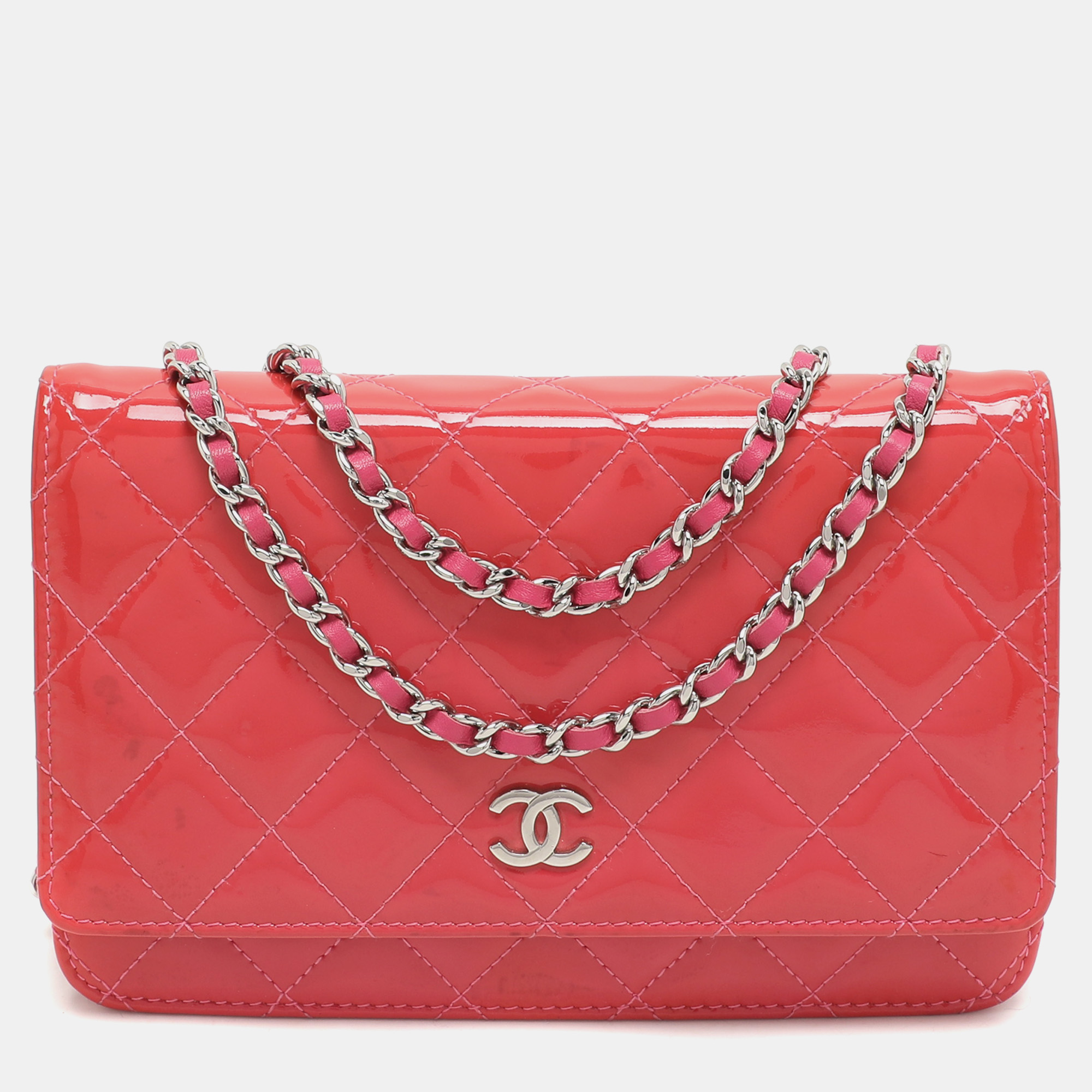 

Chanel Pink Quilted Patent Leather CC Wallet On Chain
