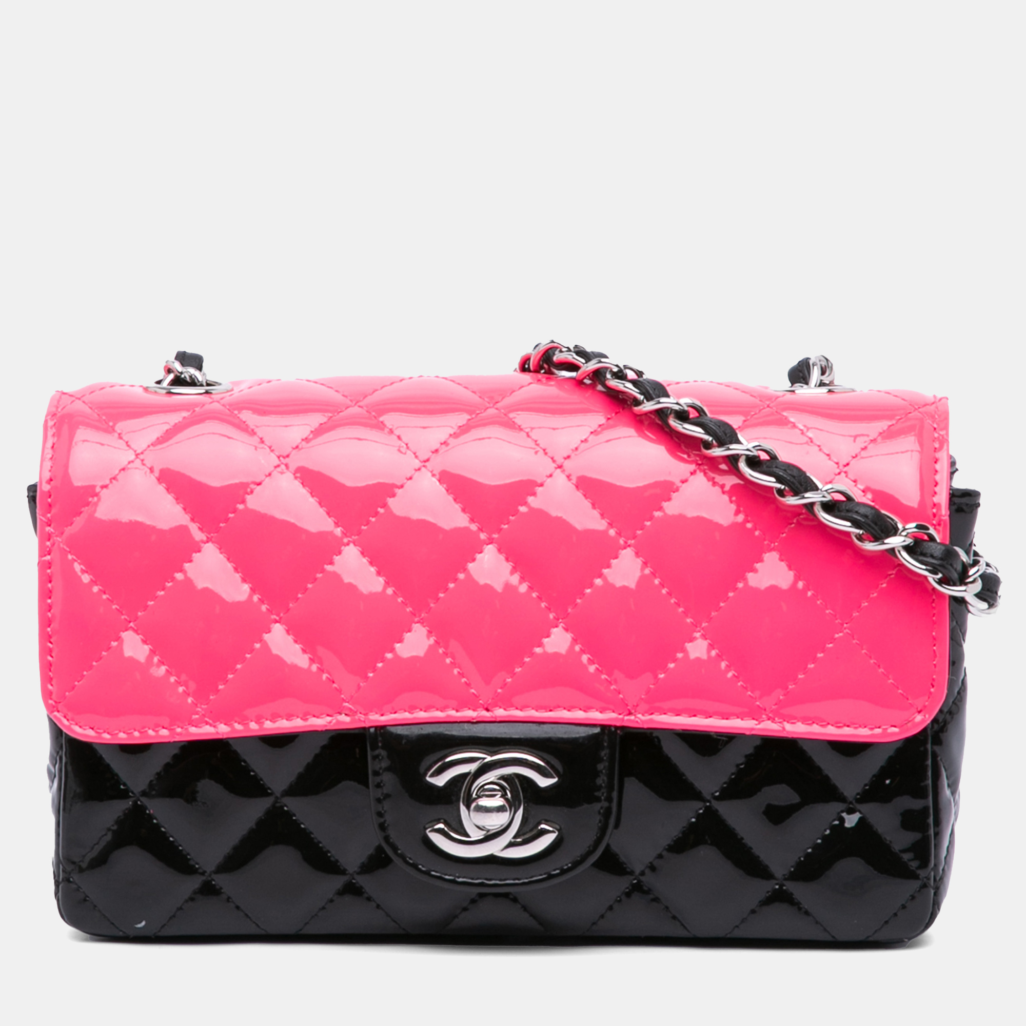 

Chanel Black/Pink Mini Rectangular Classic Patent Single Flap