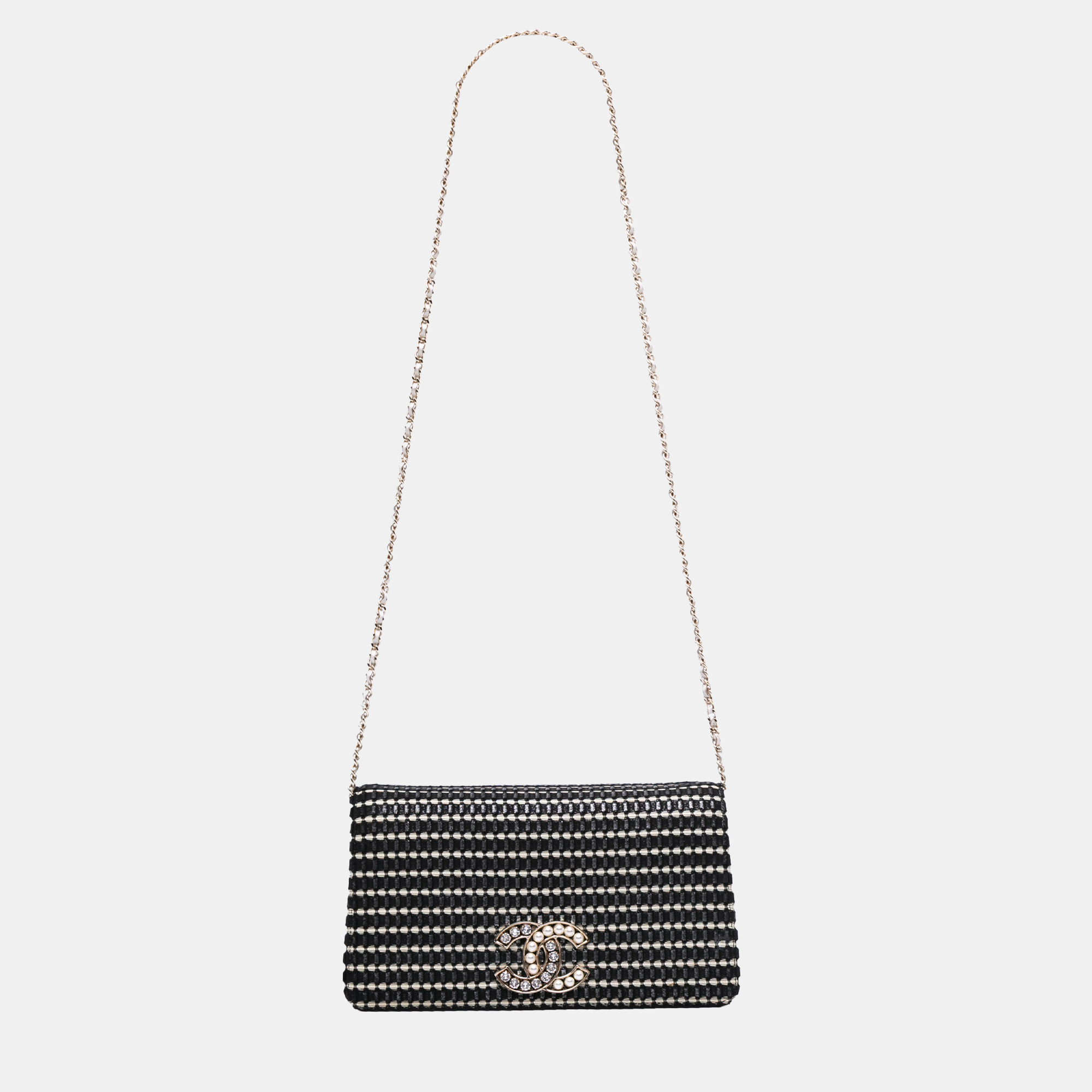 

Chanel Black CC Bicolor Woven Lambskin Crystal Pearl Flap